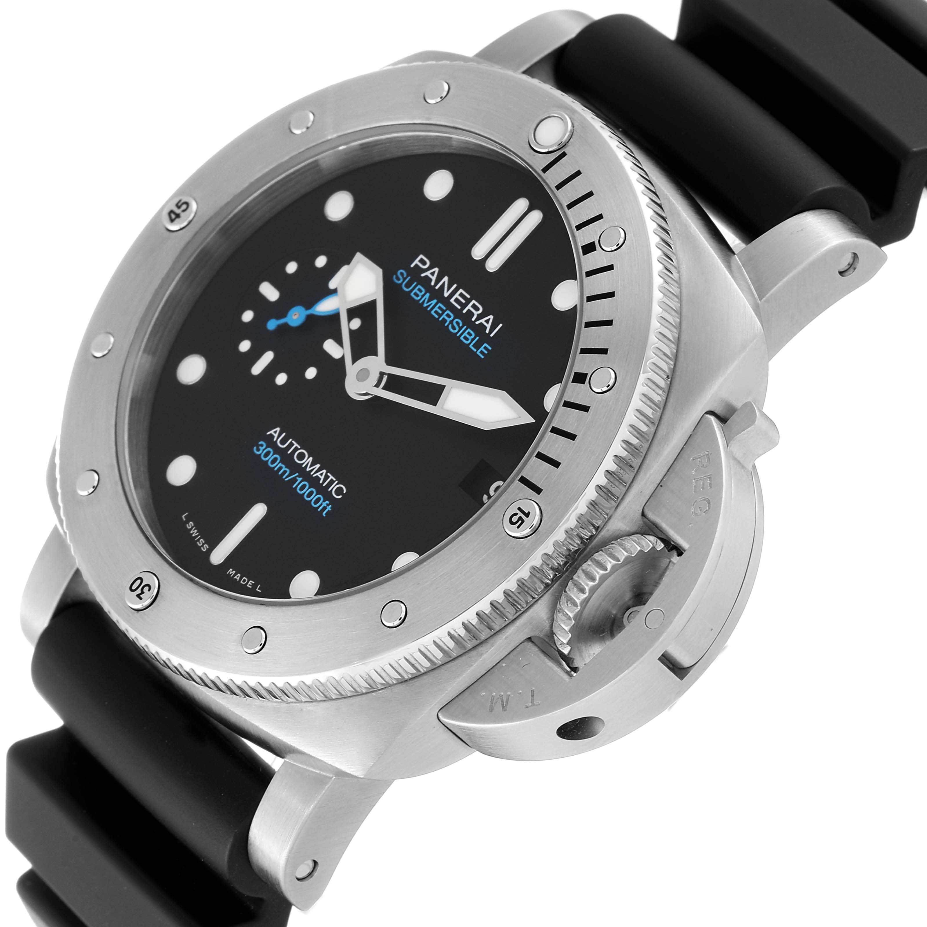 The Panerai Submersible PAM00973 Men's Stainless Steel Black Dial PAM00973 Men's Stainless Steel Black Dial watch is shown from a three-quarter angle, highlighting the face, bezel, and crown guard.