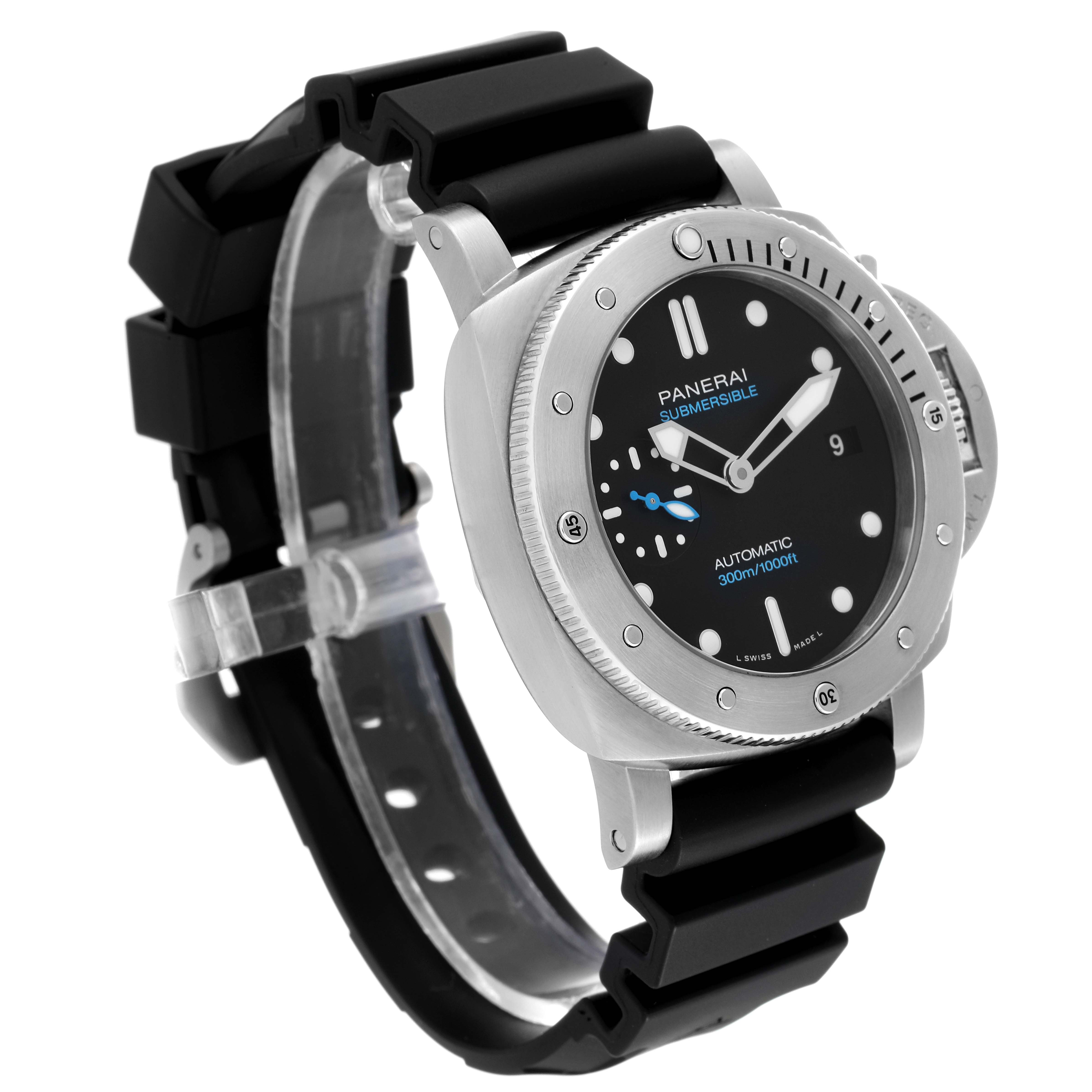 The Panerai Submersible PAM00973 Men's Stainless Steel Black Dial PAM00973 Men's Stainless Steel Black Dial watch is shown at a three-quarter angle, displaying its bezel, dial, and black rubber strap.