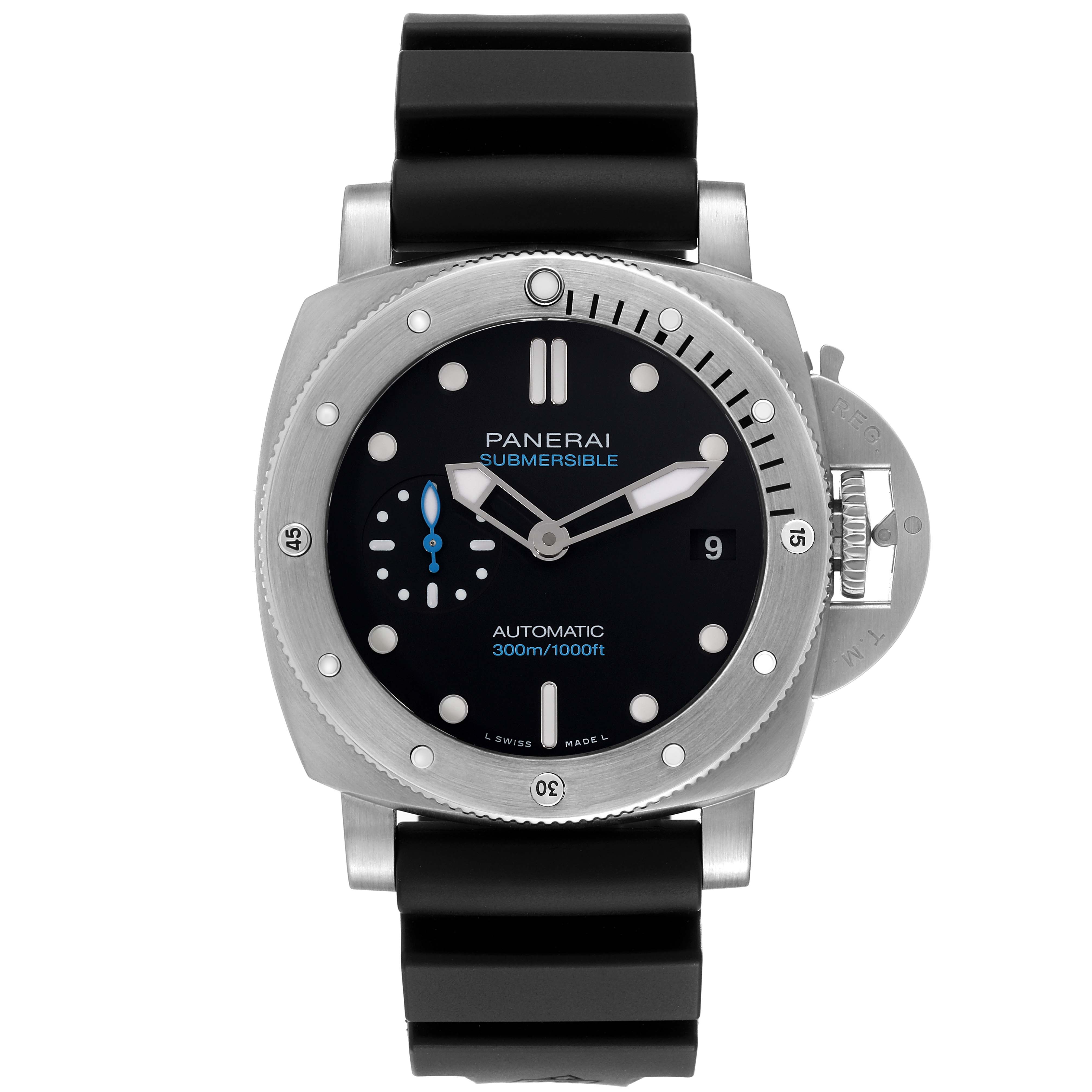 The Panerai Submersible PAM00973 Men's Stainless Steel Black Dial PAM00973 Men's Stainless Steel Black Dial watch is shown from the front, displaying its black dial, rubber strap, bezel, and crown guard.