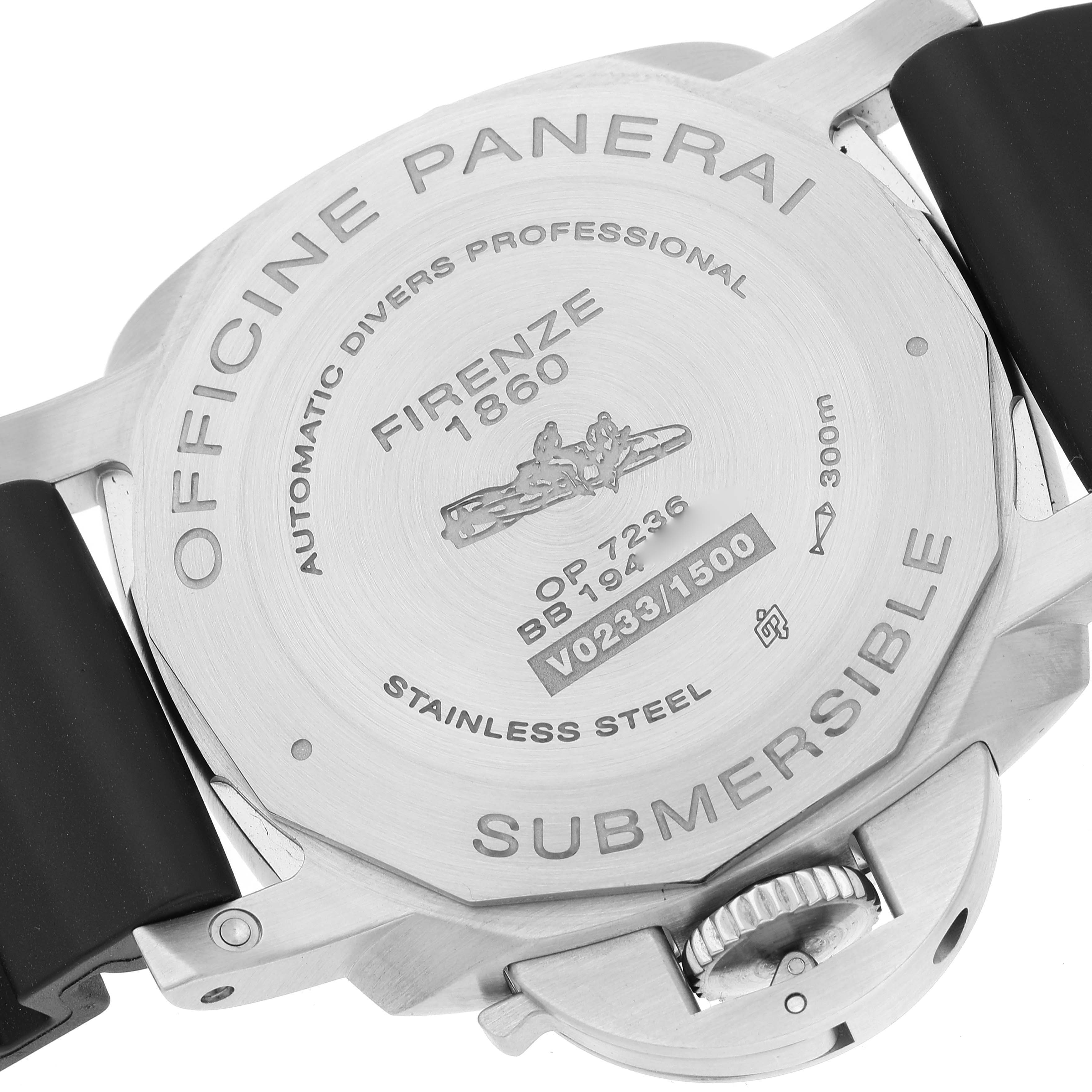 The image shows the back of a Panerai Submersible PAM00973 Men's Stainless Steel Black Dial PAM00973 Men's Stainless Steel Black Dial watch, highlighting its stainless steel case, engravings, and rubber strap connection.