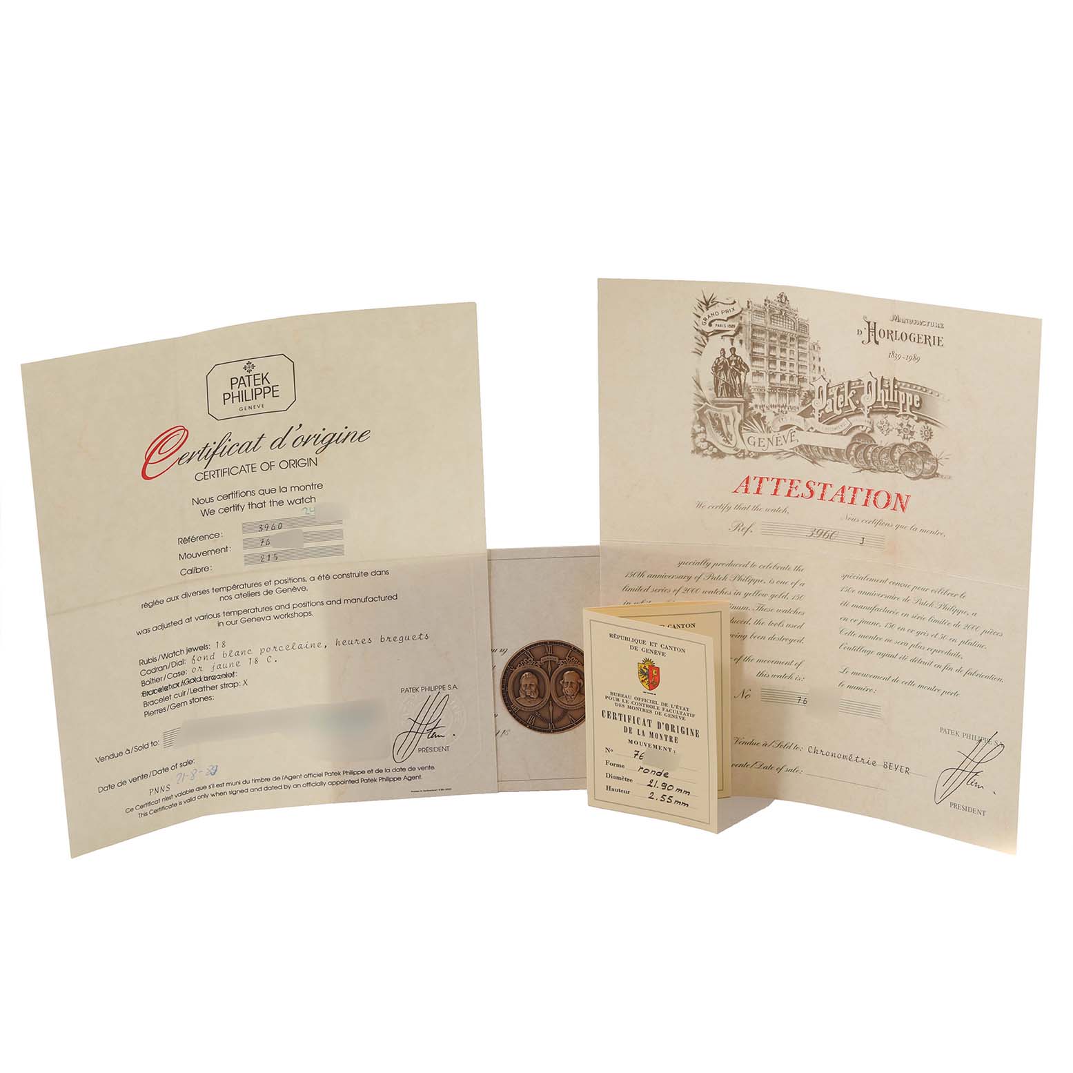 The image shows certificates of origin and documentation for the Calatrava model by Patek Philippe.