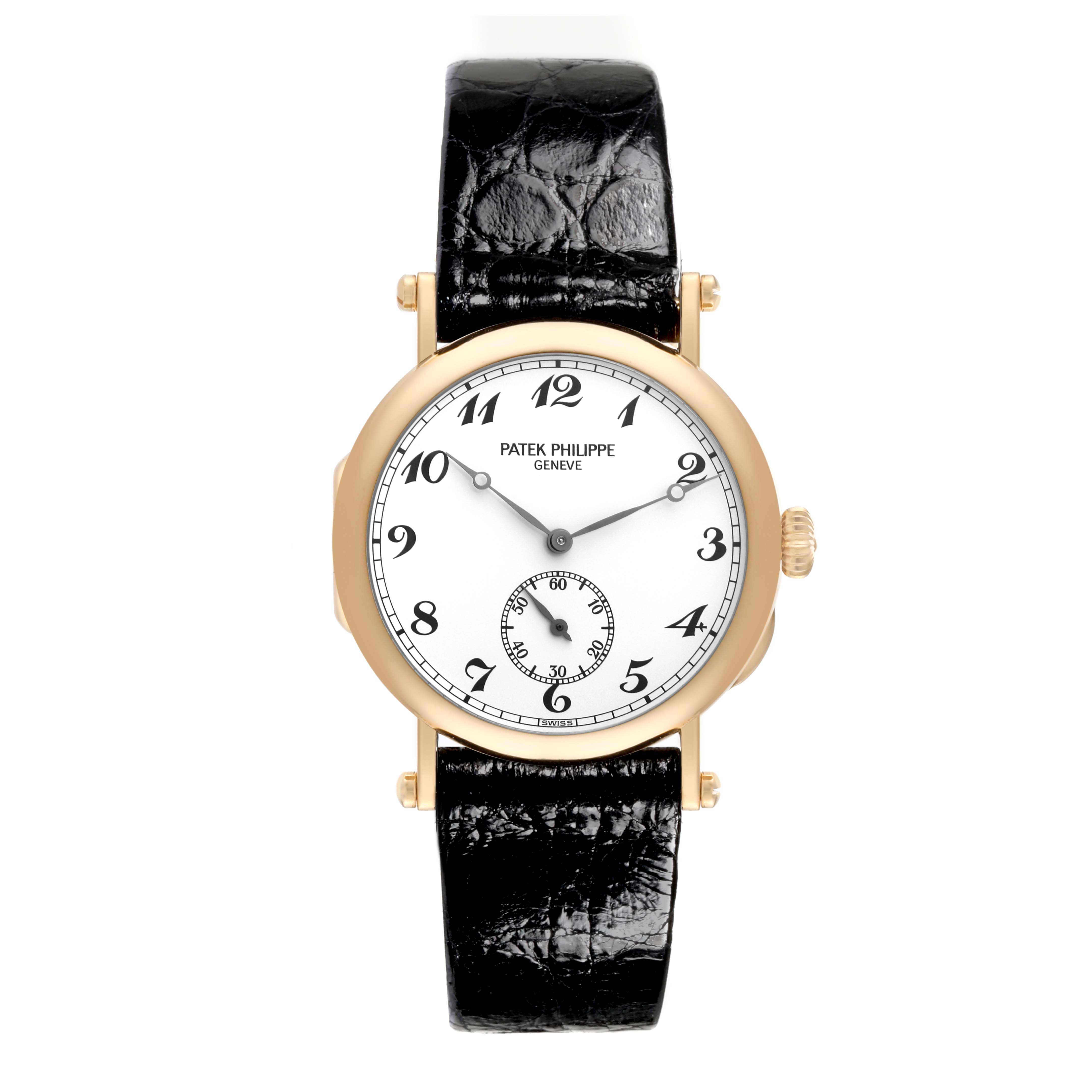 The Patek Philippe Calatrava 3960 Men's Yellow Gold Silver Dial 3960 Men's Yellow Gold Silver Dial watch is shown from a top-down view, highlighting the face, hands, case, and black leather strap.