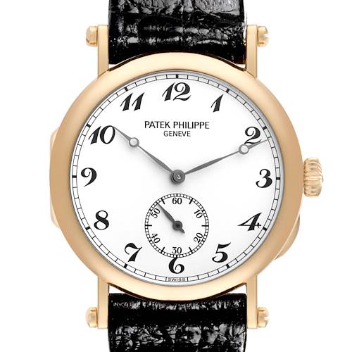 The image shows a front view of the Patek Philippe Calatrava watch, highlighting its dial, hands, crown, and leather strap.