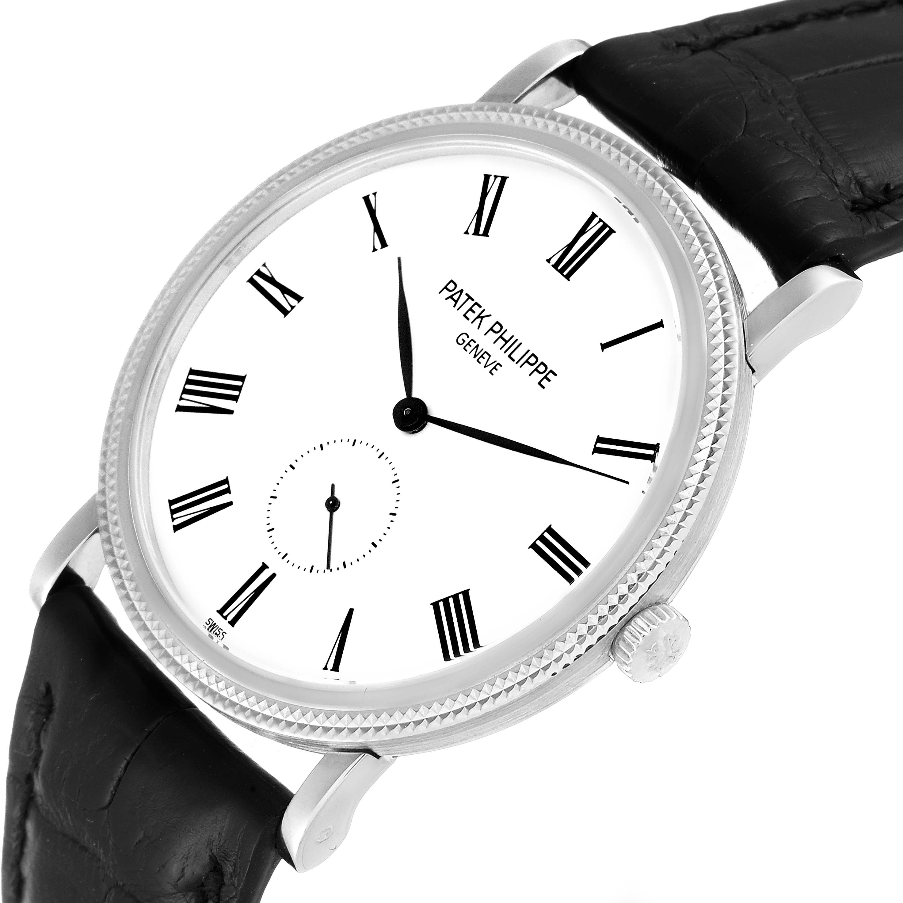 This image shows a close-up of a Patek Philippe Calatrava 5119 Men's White Gold White Dial 5119 Men's White Gold White Dial watch, highlighting its dial, Roman numerals, hands, and crown.