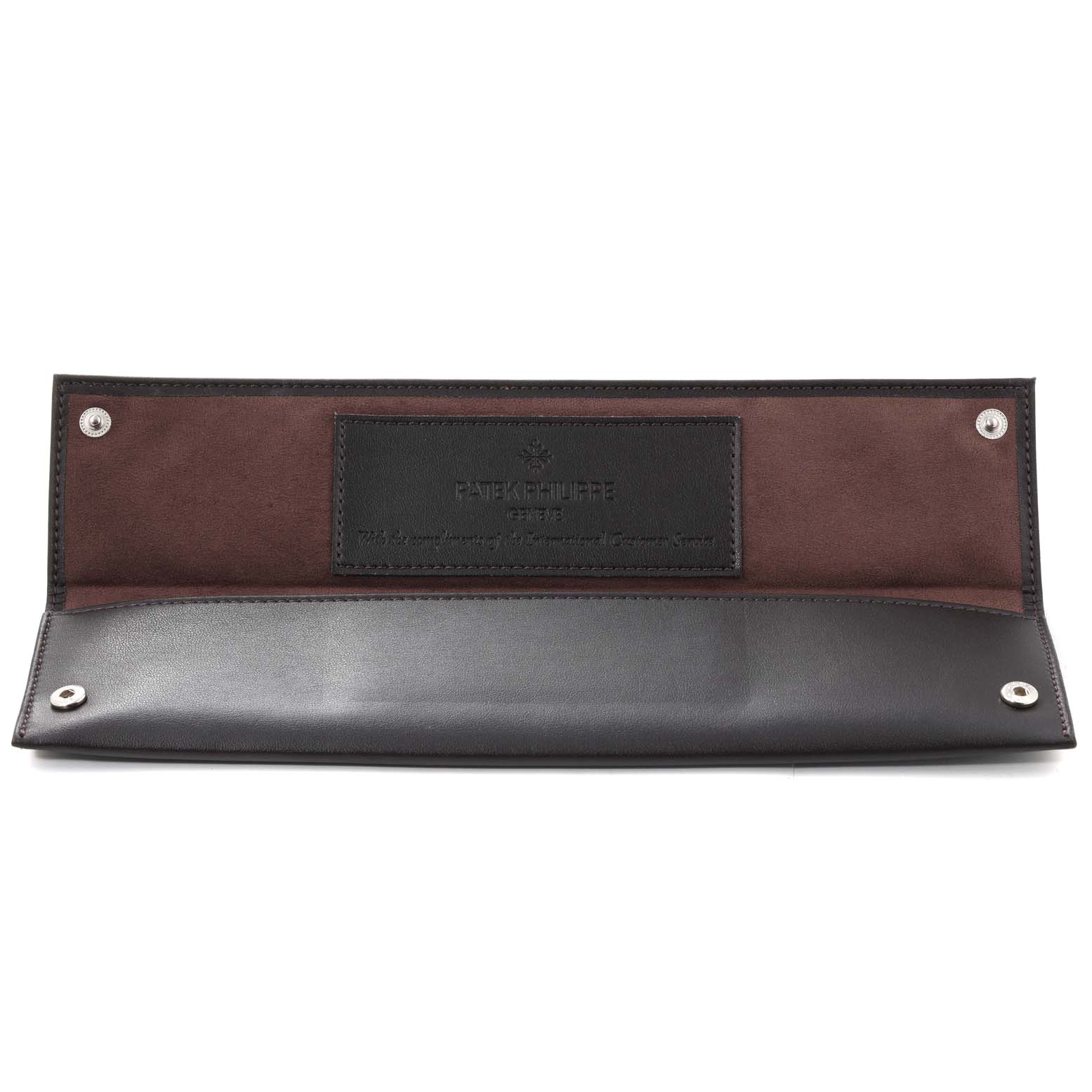 This image shows a leather pouch for the Patek Philippe Calatrava 5119 Men's White Gold White Dial 5119 Men's White Gold White Dial watch, viewed from the front with its flap open.