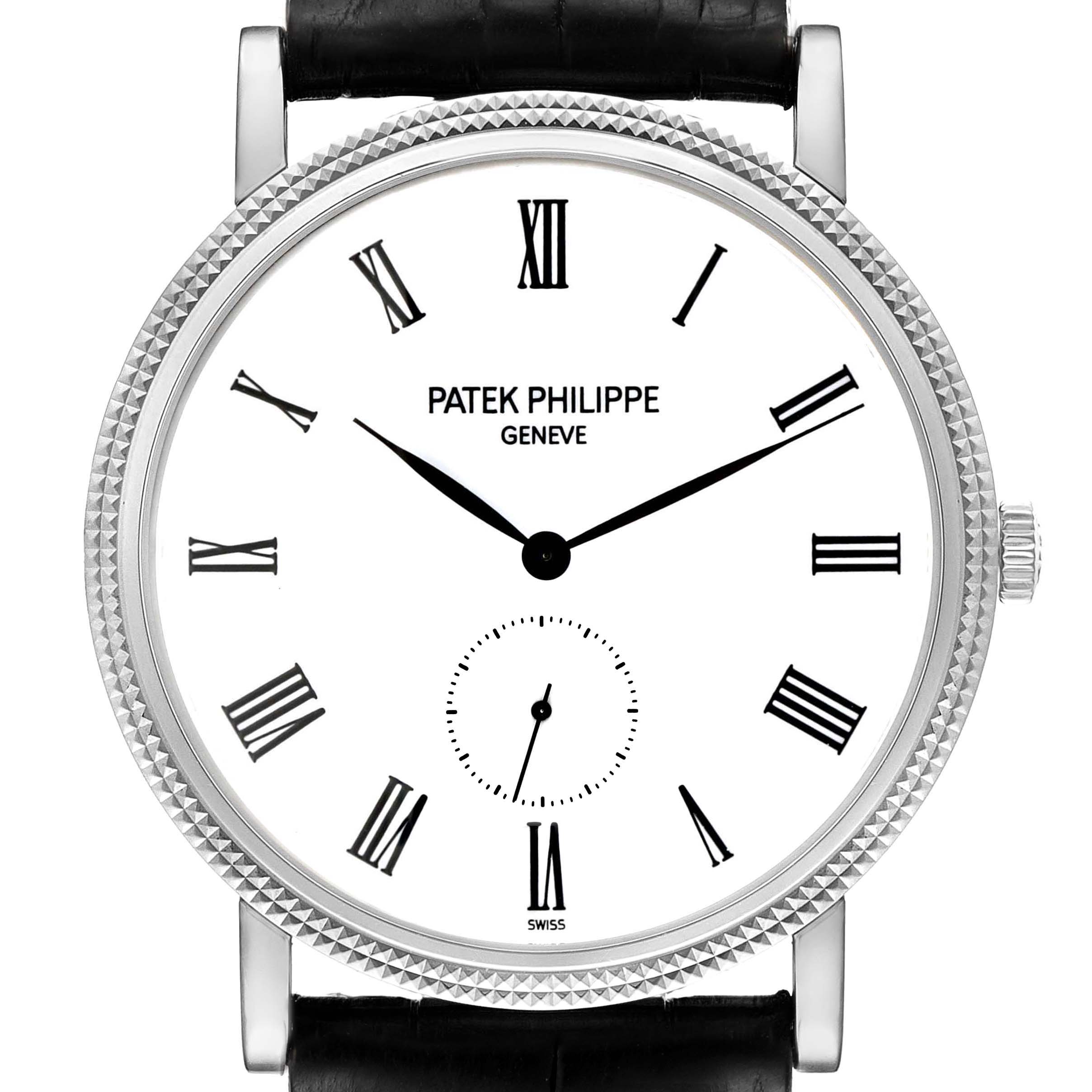 This image shows a front view of a Patek Philippe Calatrava 5119 Men's White Gold White Dial 5119 Men's White Gold White Dial watch, highlighting the dial, hands, and bezel with a portion of the strap.