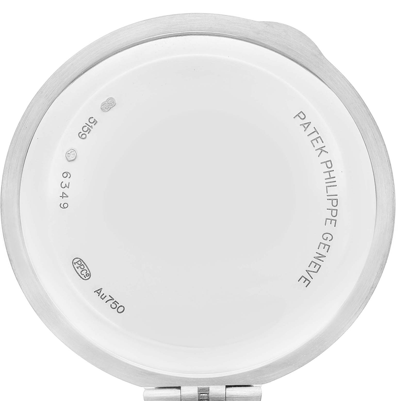 The image shows the case back of a Patek Philippe Complications 5159G-001 Men's White Gold Silver Dial 5159G-001 Men's White Gold Silver Dial model, viewed from the rear, highlighting its engravings and marks.