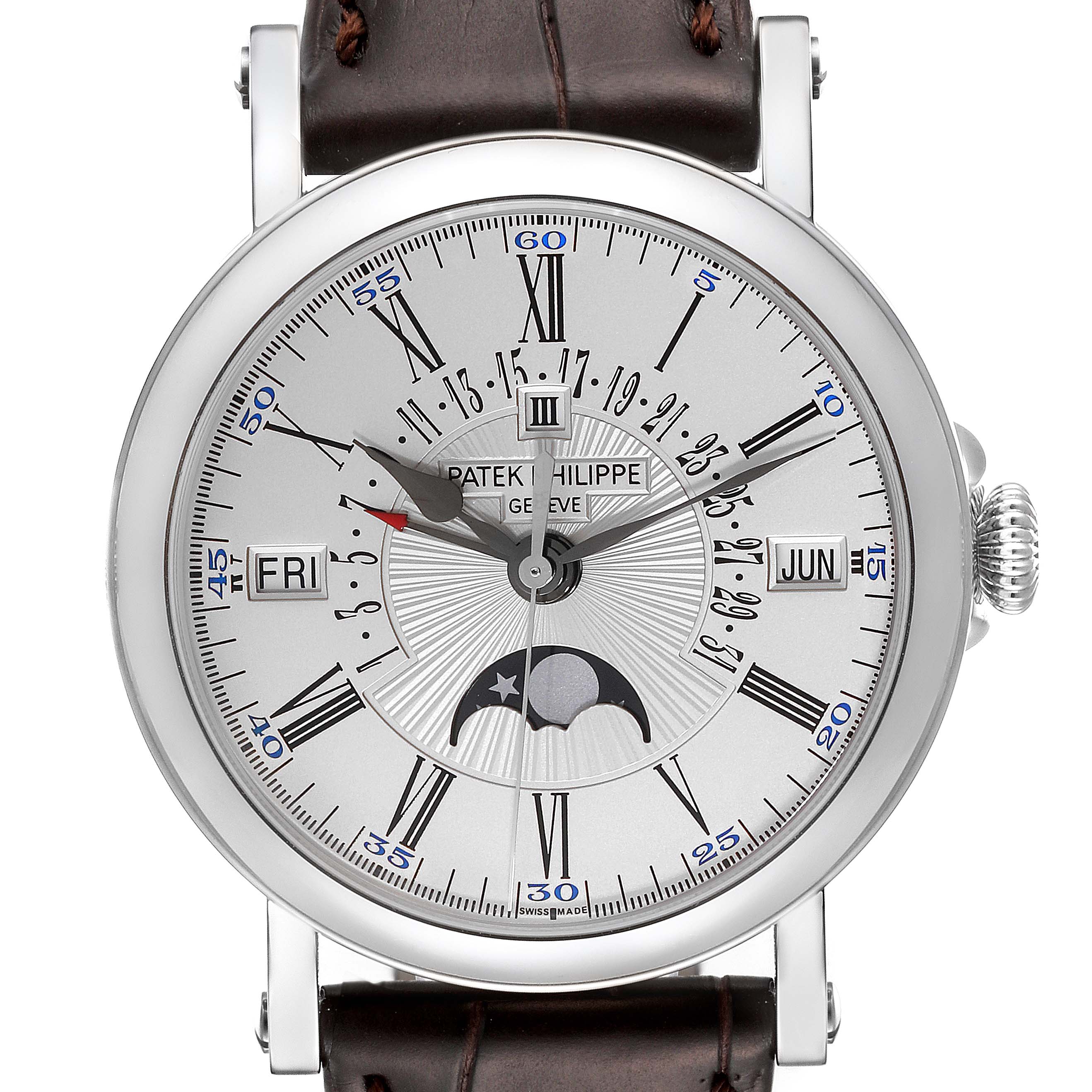 The image shows a frontal view of the Patek Philippe Complications 5159G-001 Men's White Gold Silver Dial 5159G-001 Men's White Gold Silver Dial model watch, displaying its dial, hands, and sub-dials.