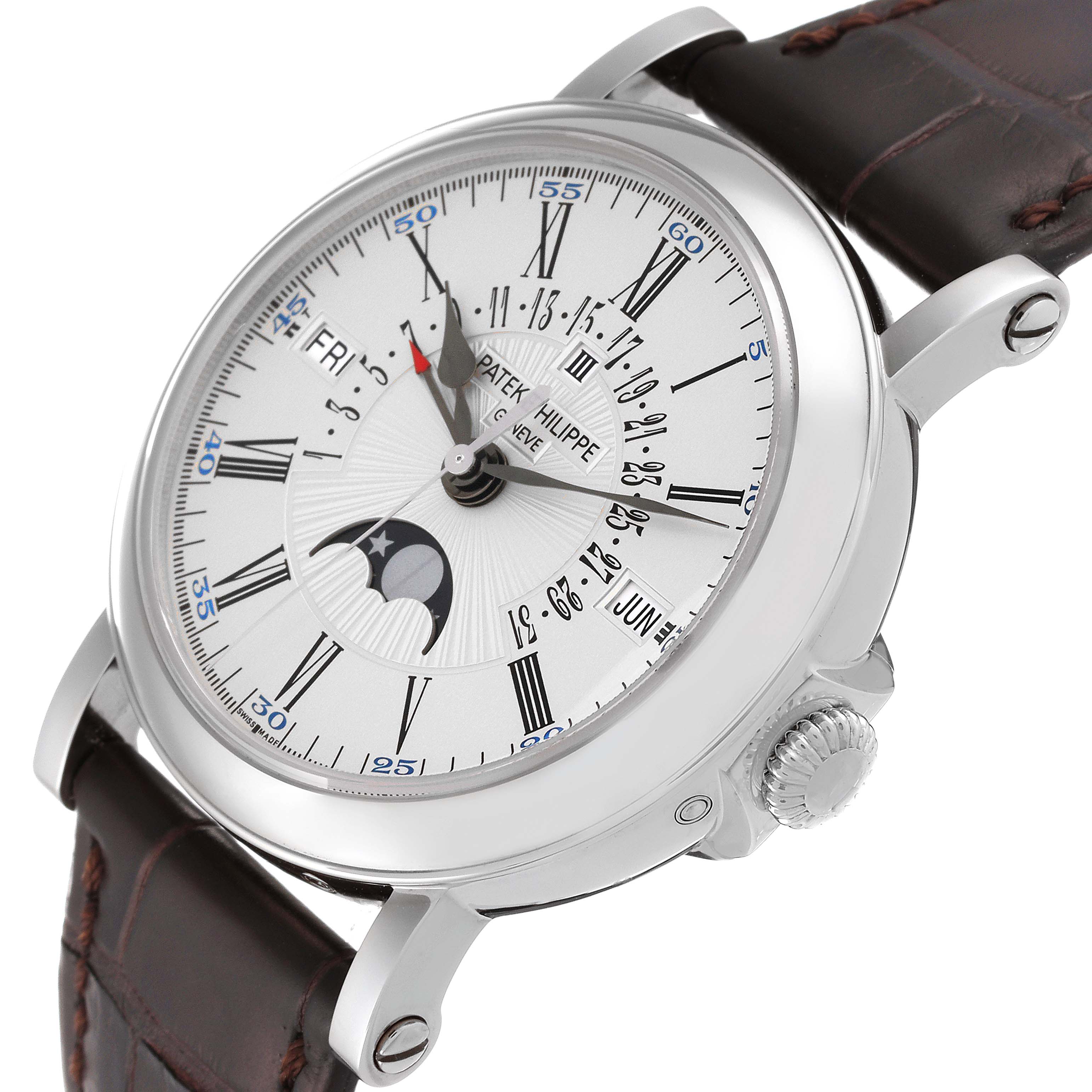 The image shows a Patek Philippe Complications 5159G-001 Men's White Gold Silver Dial 5159G-001 Men's White Gold Silver Dial model watch from an angled top view, highlighting the dial, crown, and leather strap.