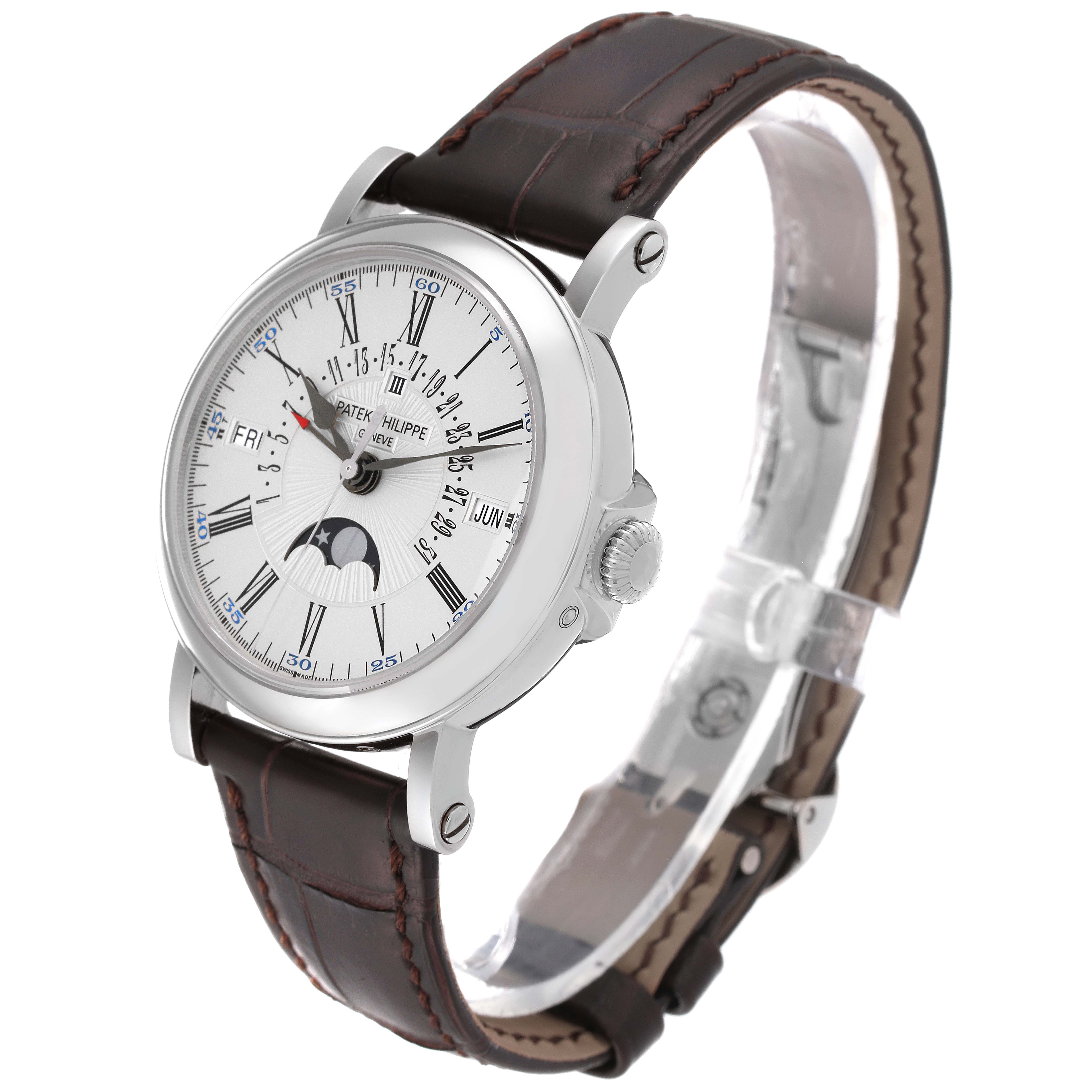 The image shows a Patek Philippe Complications 5159G-001 Men's White Gold Silver Dial 5159G-001 Men's White Gold Silver Dial watch at an angle, highlighting its dial, crown, and brown leather strap.