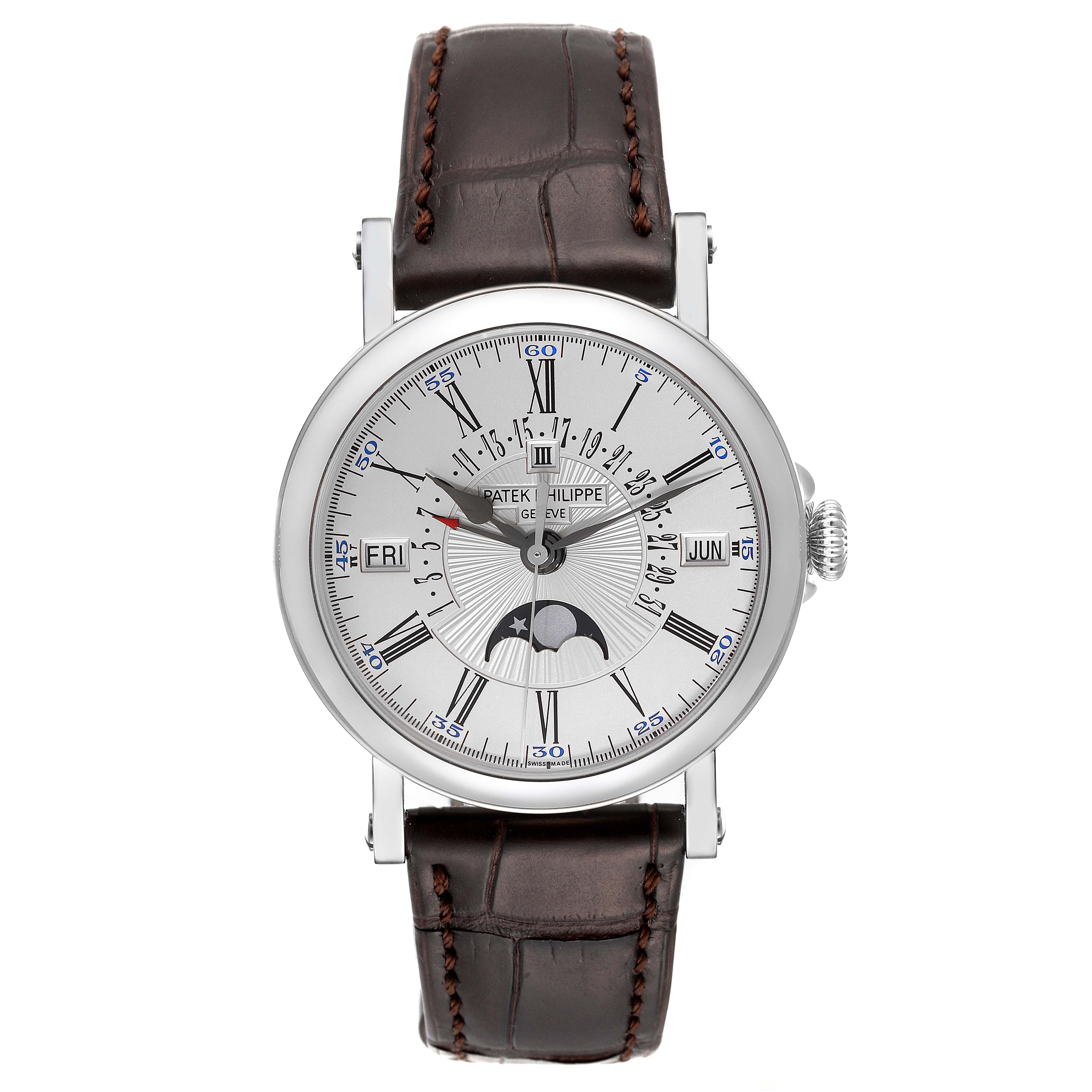 The image shows a Patek Philippe Complications 5159G-001 Men's White Gold Silver Dial 5159G-001 Men's White Gold Silver Dial watch from a front angle, displaying its dial and leather strap.