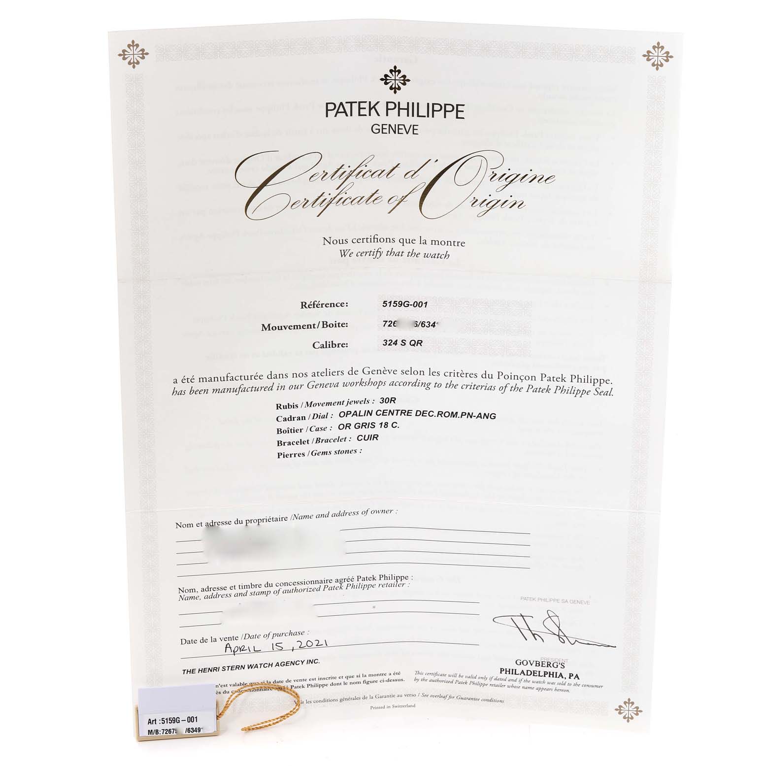 Image shows a Certificate of Origin for a Patek Philippe Complications 5159G-001 Men's White Gold Silver Dial 5159G-001 Men's White Gold Silver Dial model, with reference number 5159G-001.