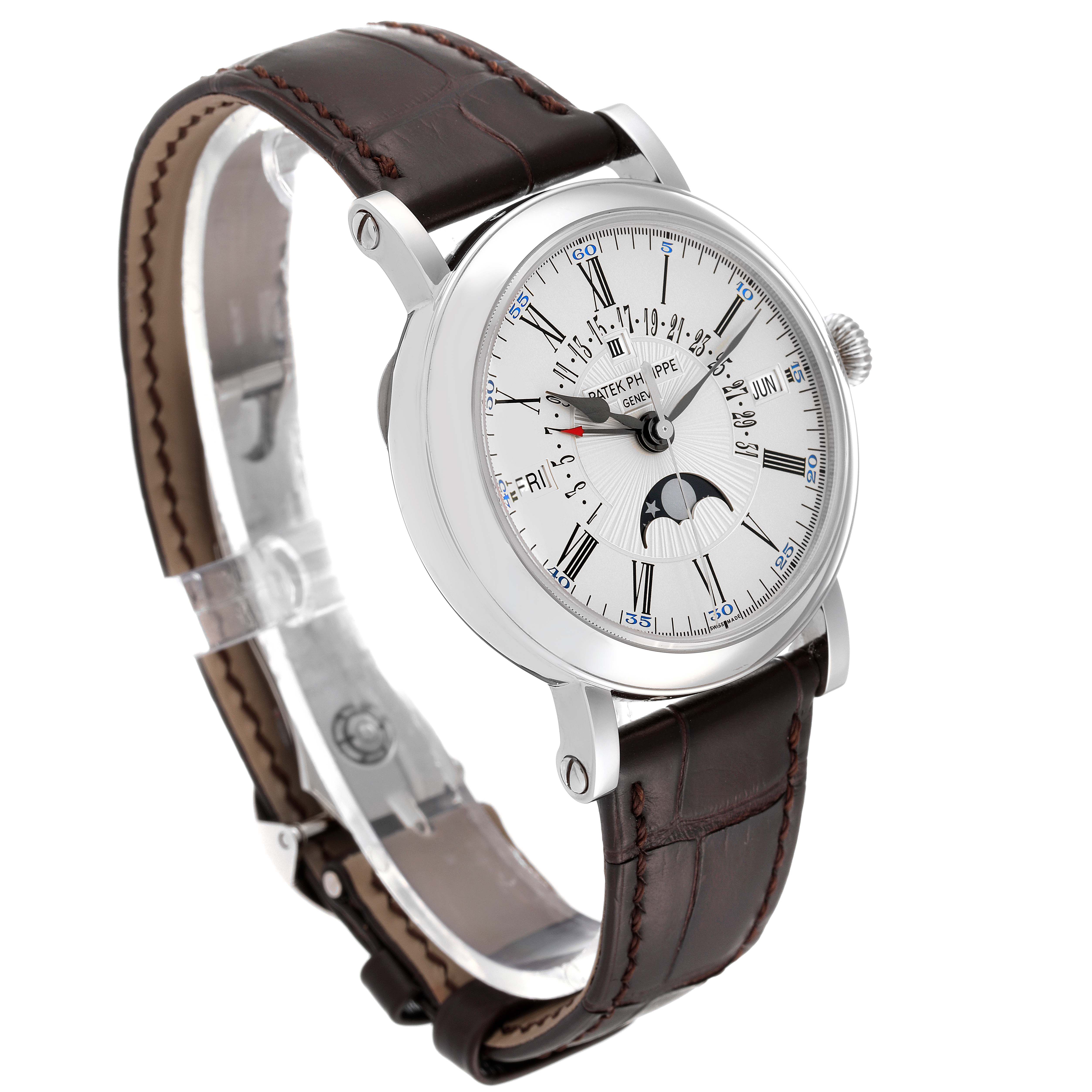 The Patek Philippe Complications 5159G-001 Men's White Gold Silver Dial 5159G-001 Men's White Gold Silver Dial watch is shown at a three-quarter angle, featuring its face, bezel, and a brown leather strap.