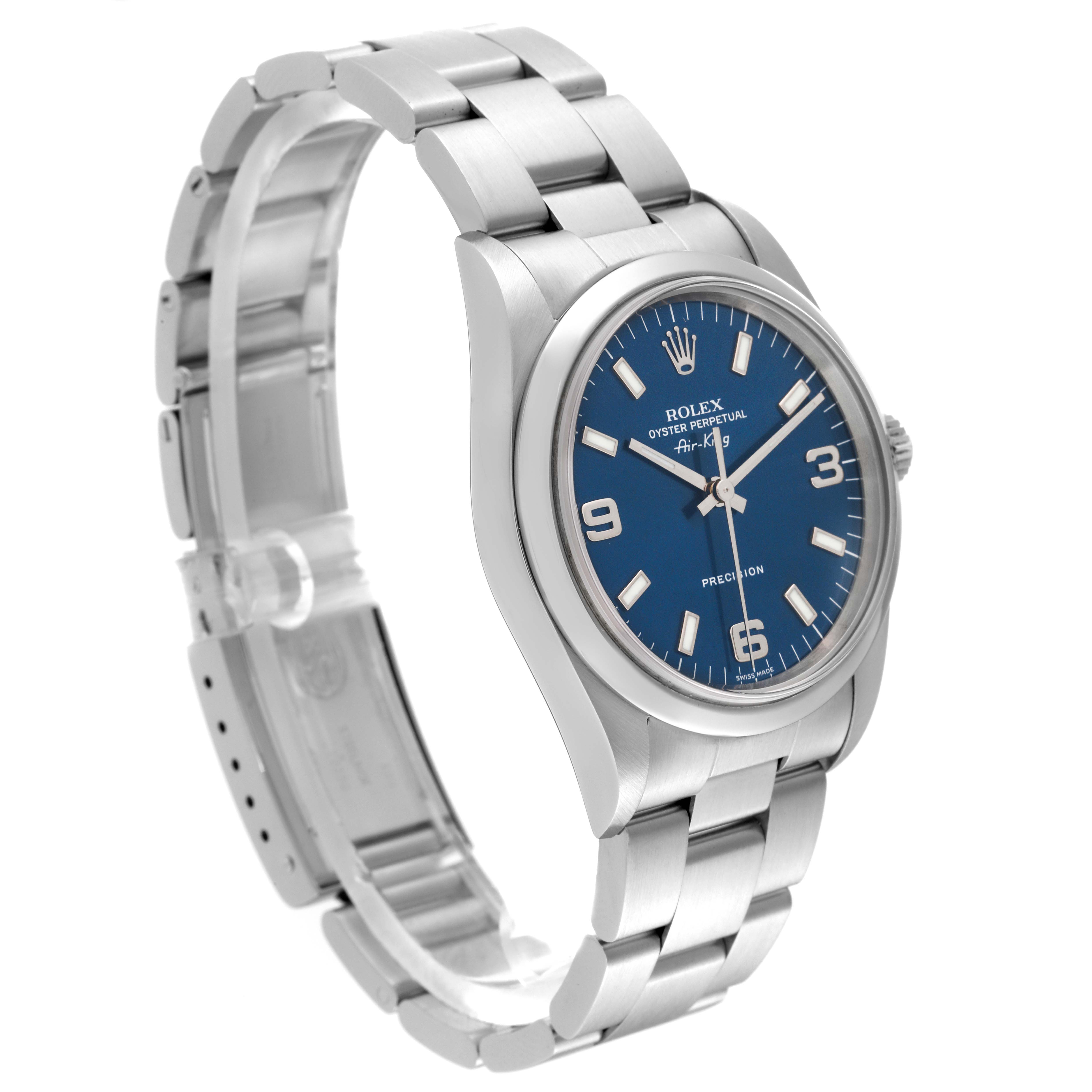 This image shows the front and side angle of the Rolex Air-King 14000 Men's Stainless Steel Blue Dial 14000 Men's Stainless Steel Blue Dial watch, featuring a blue dial and a stainless steel bracelet.