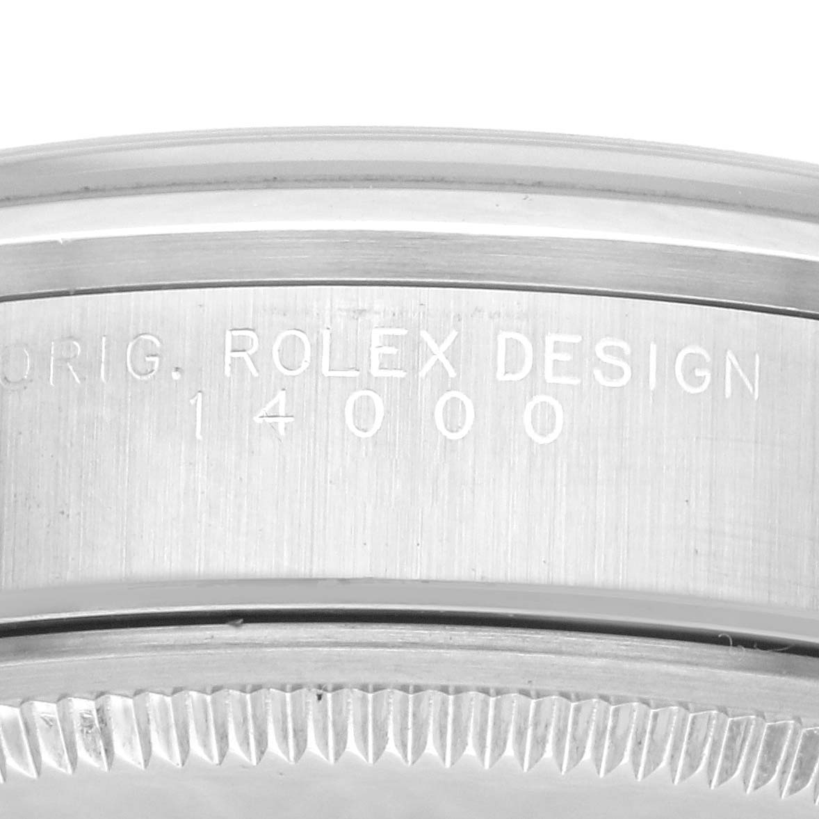 The image shows a close-up of the casing of a Rolex Air-King 14000 Men's Stainless Steel Blue Dial 14000 Men's Stainless Steel Blue Dial watch, highlighting the engraved model number 14000.