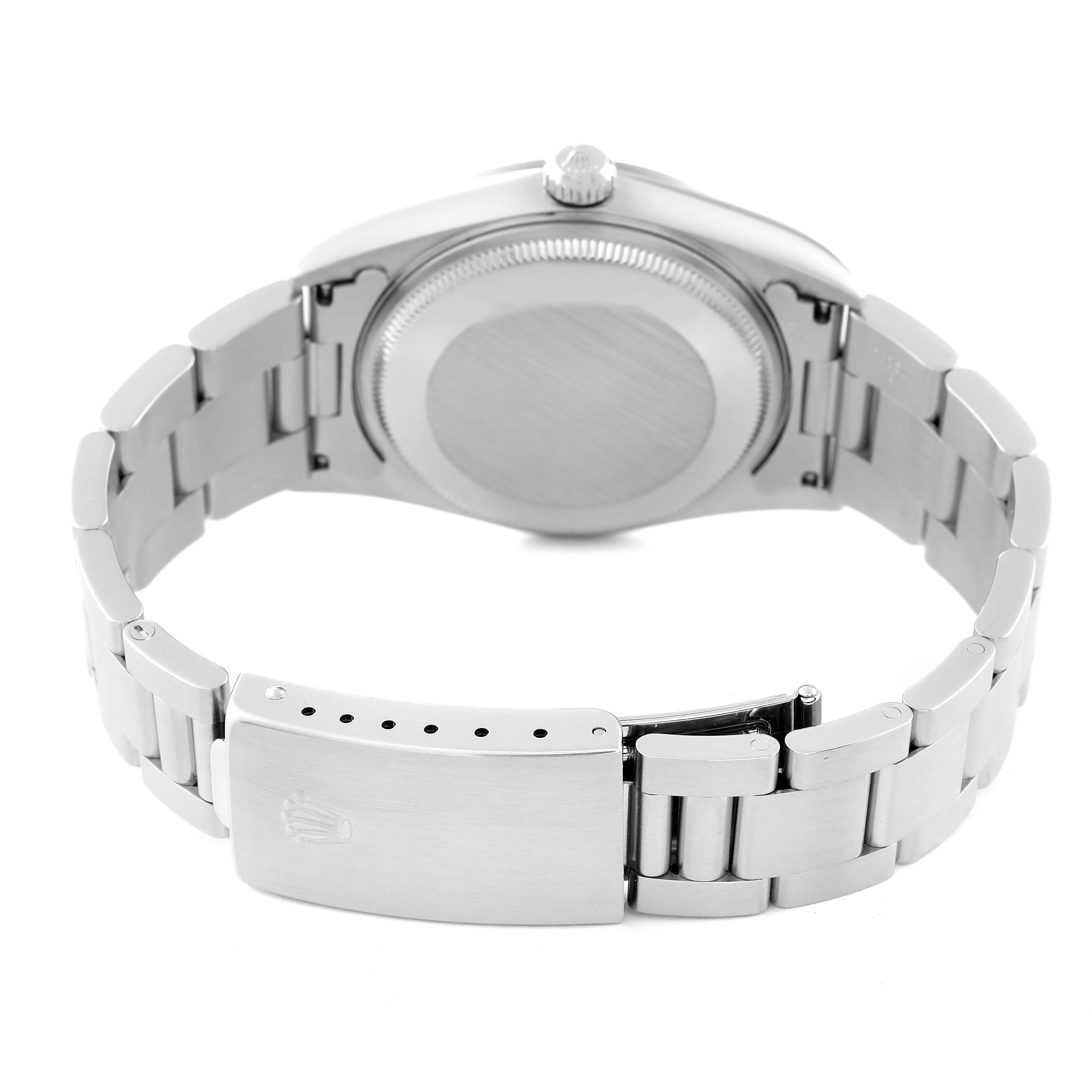 The image shows the back view of a Rolex Air-King 14000 Men's Stainless Steel Blue Dial 14000 Men's Stainless Steel Blue Dial watch, highlighting its case back, crown, and metal bracelet.