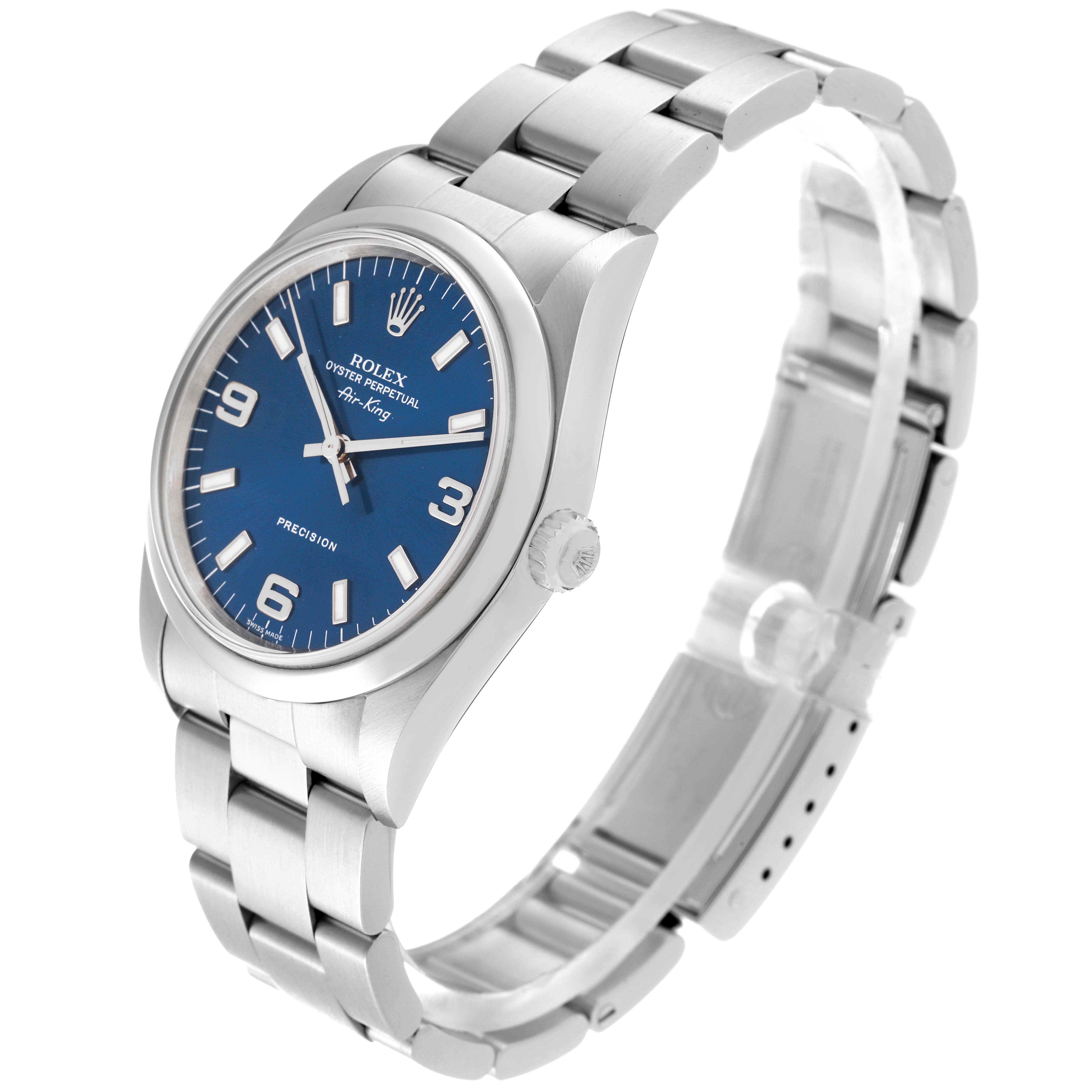The Rolex Air-King 14000 Men's Stainless Steel Blue Dial 14000 Men's Stainless Steel Blue Dial watch is shown at a three-quarter angle, highlighting the blue dial, stainless steel case, and bracelet.