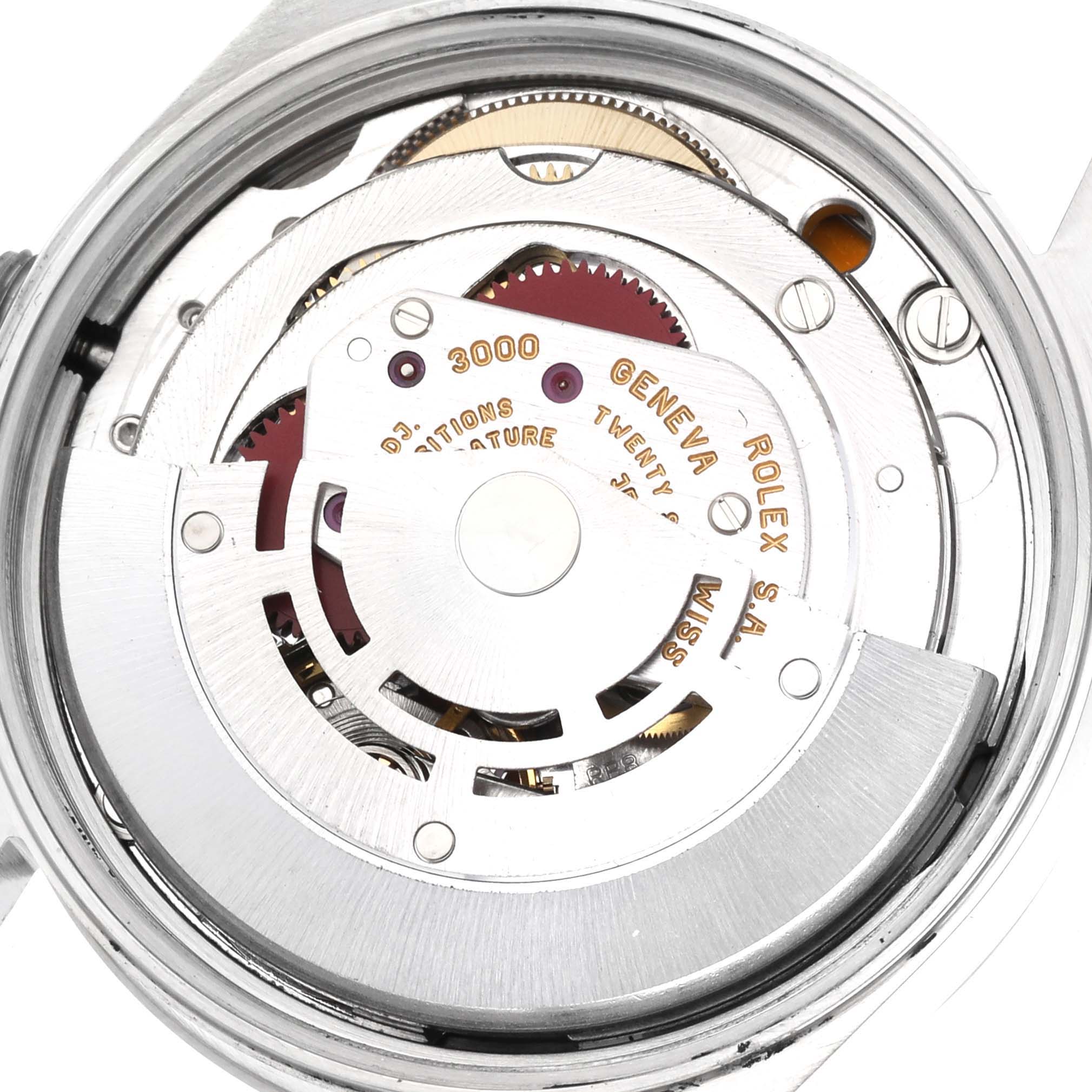 This image shows the internal mechanical movement and rotor of a Rolex Air-King 14000 Men's Stainless Steel Blue Dial 14000 Men's Stainless Steel Blue Dial watch, viewed from the back.