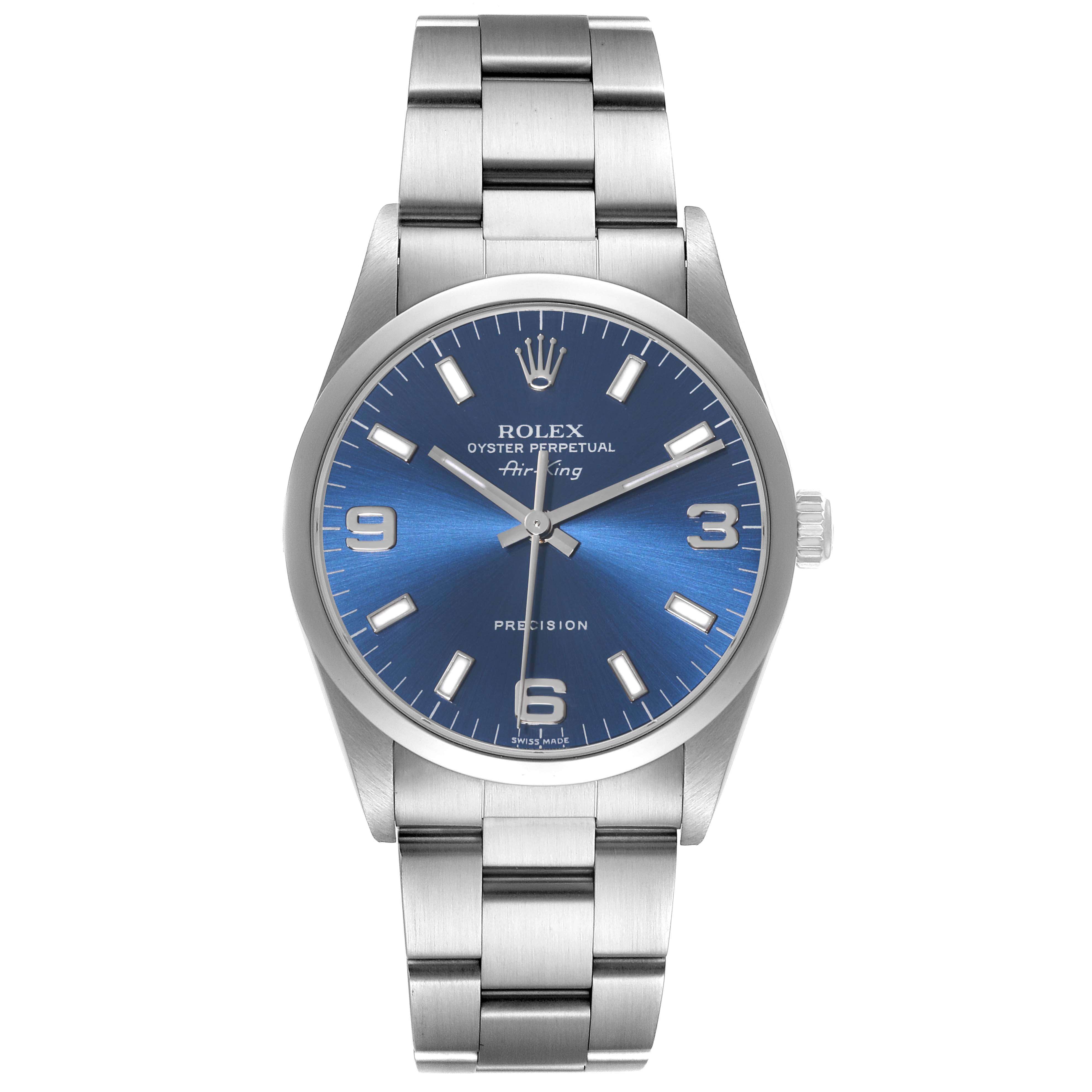 This image shows a Rolex Air-King 14000 Men's Stainless Steel Blue Dial 14000 Men's Stainless Steel Blue Dial watch, front-facing, displaying the dial, hands, crown, and bracelet.