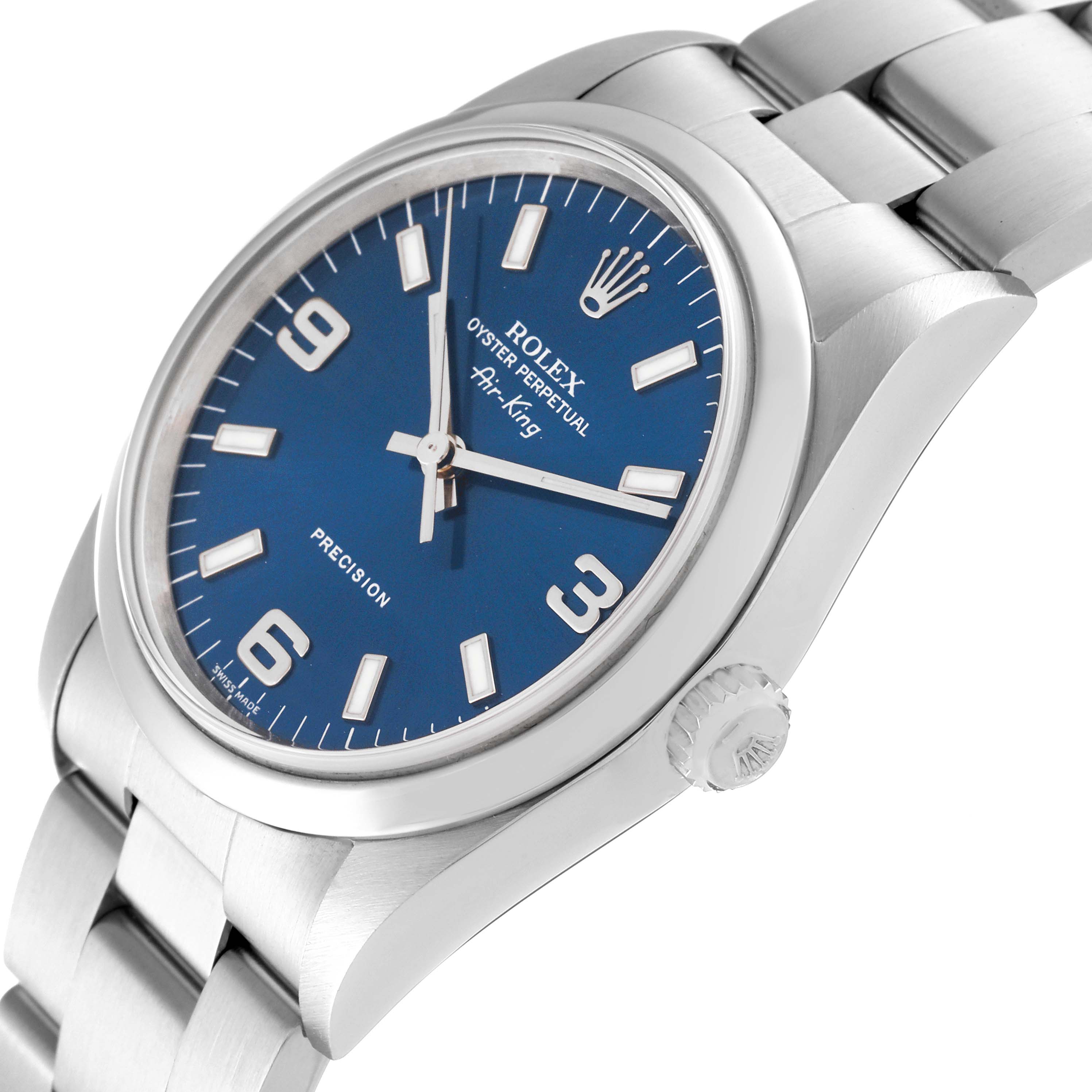 The image shows a Rolex Air-King 14000 Men's Stainless Steel Blue Dial 14000 Men's Stainless Steel Blue Dial watch at a slight angle, displaying the dial, bezel, crown, and part of the bracelet.