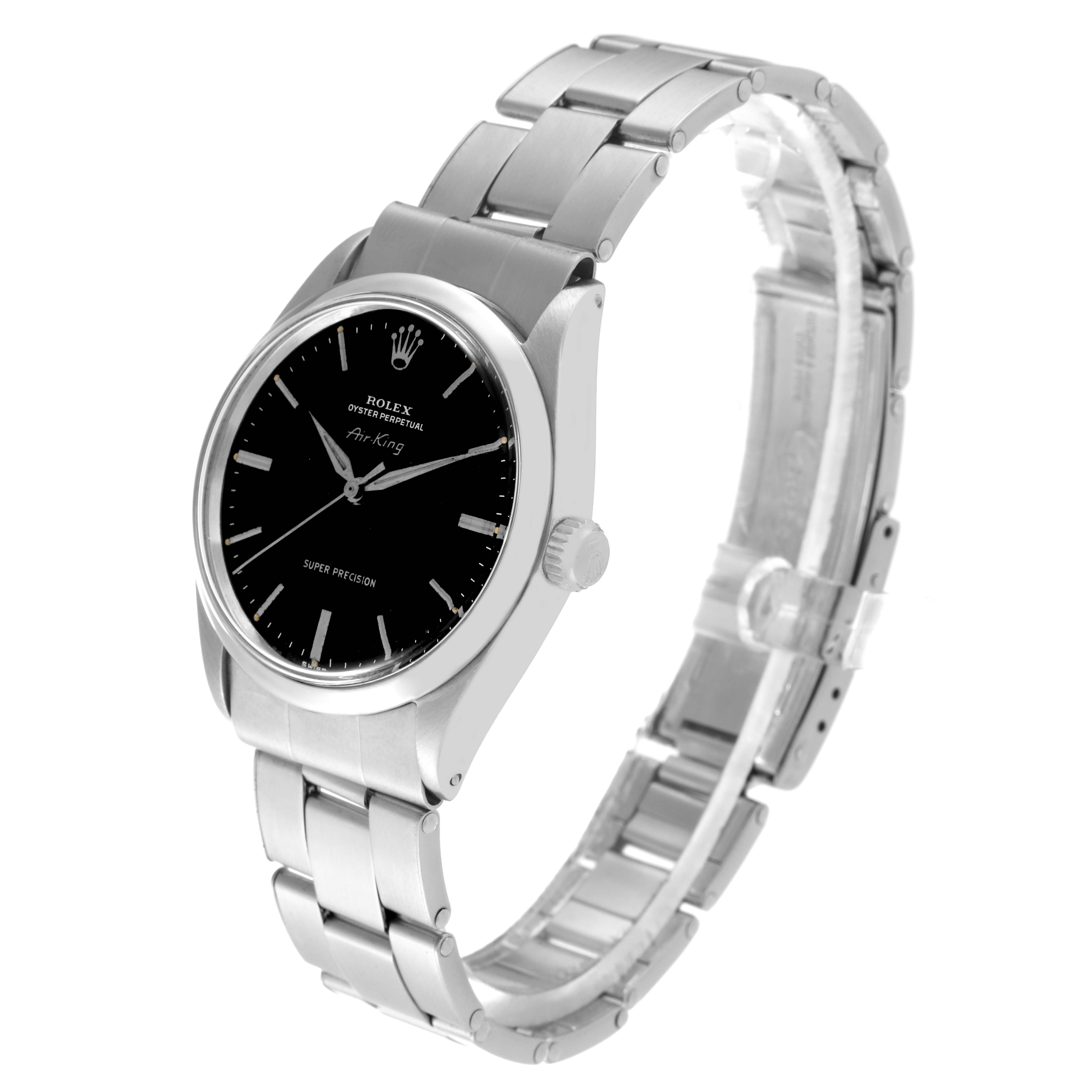 The image shows a side angle of a Rolex Vintage Collection 5500 Men
s Stainless Steel Black Dial 5500 Men
s Stainless Steel Black Dial Oyster Perpetual Air-King watch with a stainless steel bracelet and a black dial.