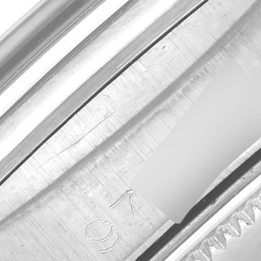 This close-up image shows the edge and engravings of the case back of a Rolex Vintage Collection 5500 Men
s Stainless Steel Black Dial 5500 Men
s Stainless Steel Black Dial watch.