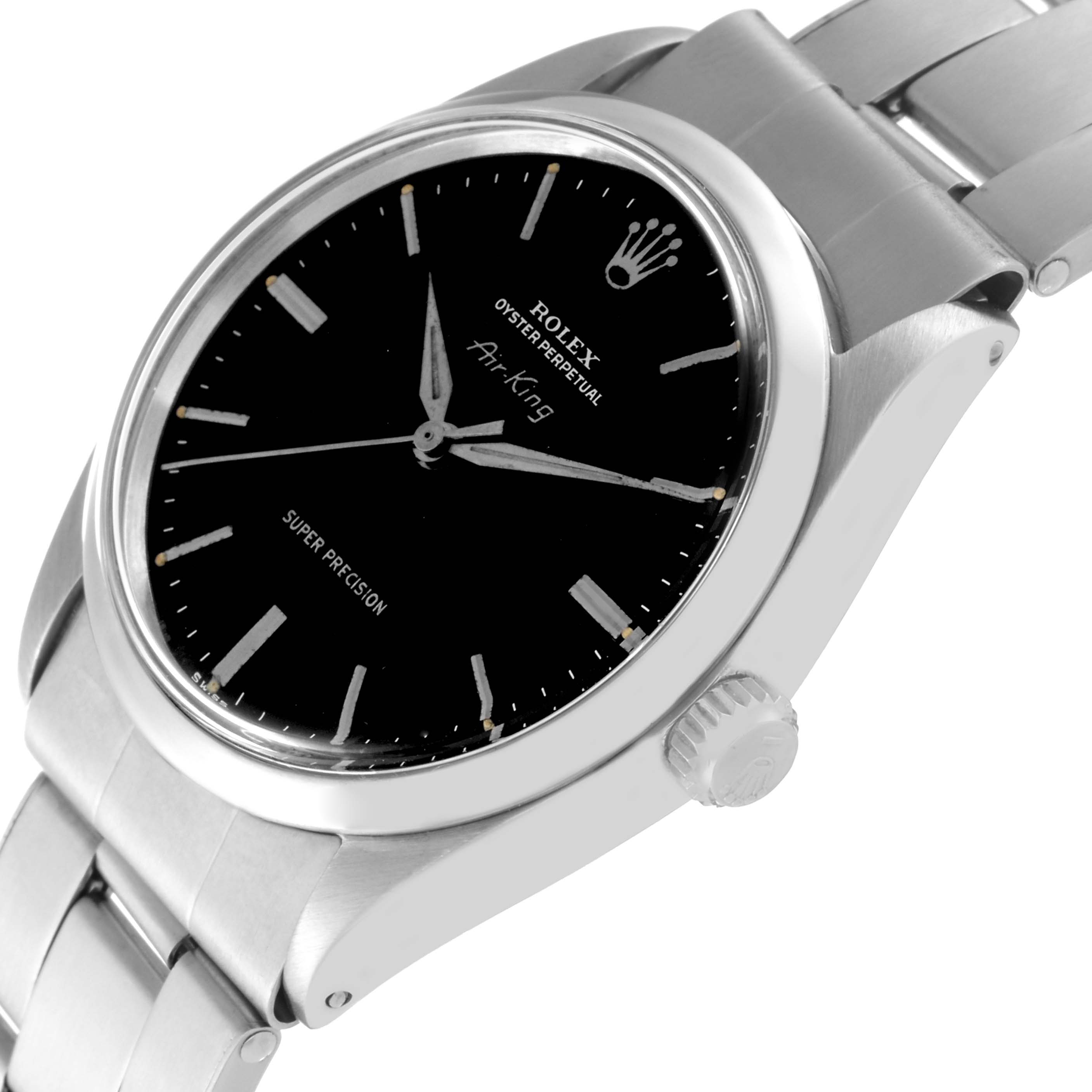 The image showcases a Rolex Vintage Collection 5500 Men
s Stainless Steel Black Dial 5500 Men
s Stainless Steel Black Dial Air-King watch at a slight angle, highlighting the black dial, crown, and stainless steel bracelet.