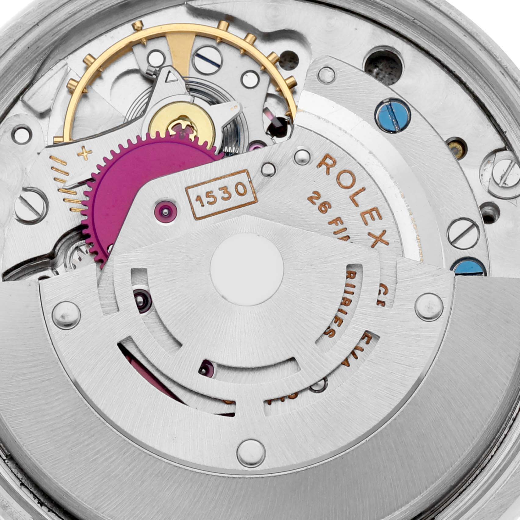 This close-up image shows the intricate internal movement and mechanisms of a Rolex Vintage Collection 5500 Men
s Stainless Steel Black Dial 5500 Men
s Stainless Steel Black Dial model.