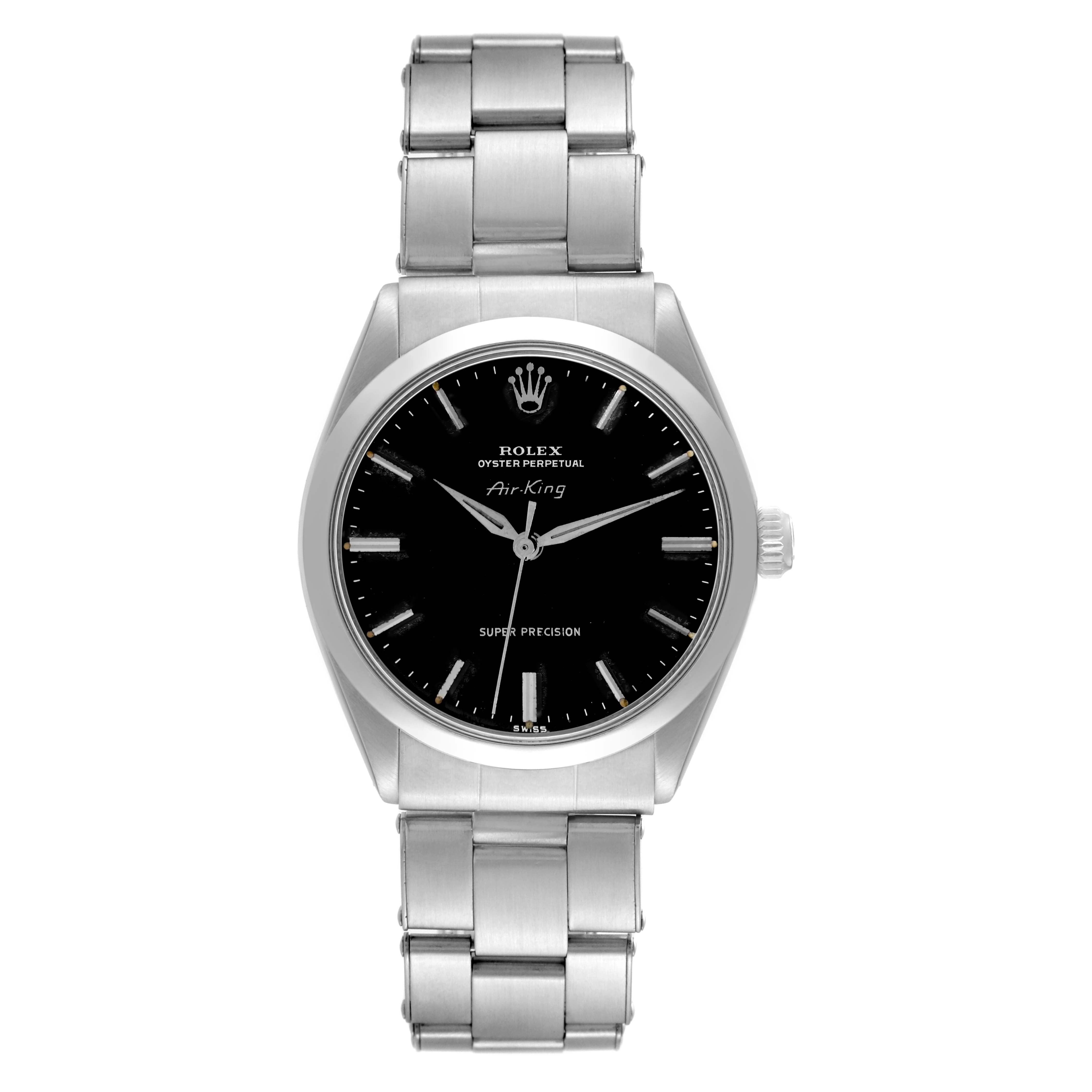 The image shows a frontal view of the Rolex Vintage Collection 5500 Men
s Stainless Steel Black Dial 5500 Men
s Stainless Steel Black Dial Air-King model, displaying its black dial and stainless steel bracelet.