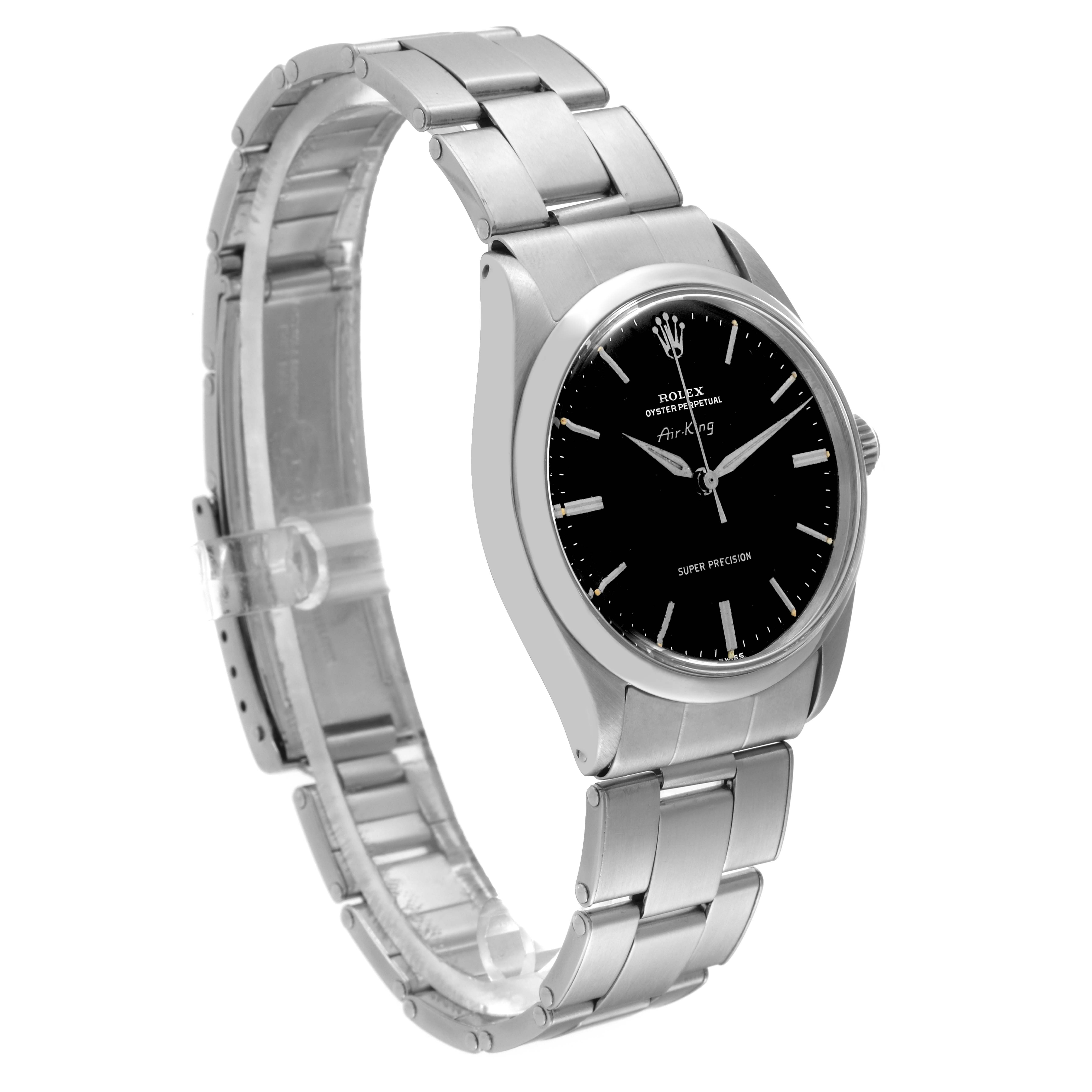 The image shows a side angle of a Rolex Vintage Collection 5500 Men
s Stainless Steel Black Dial 5500 Men
s Stainless Steel Black Dial watch, highlighting its black dial, bezel, and stainless steel bracelet.