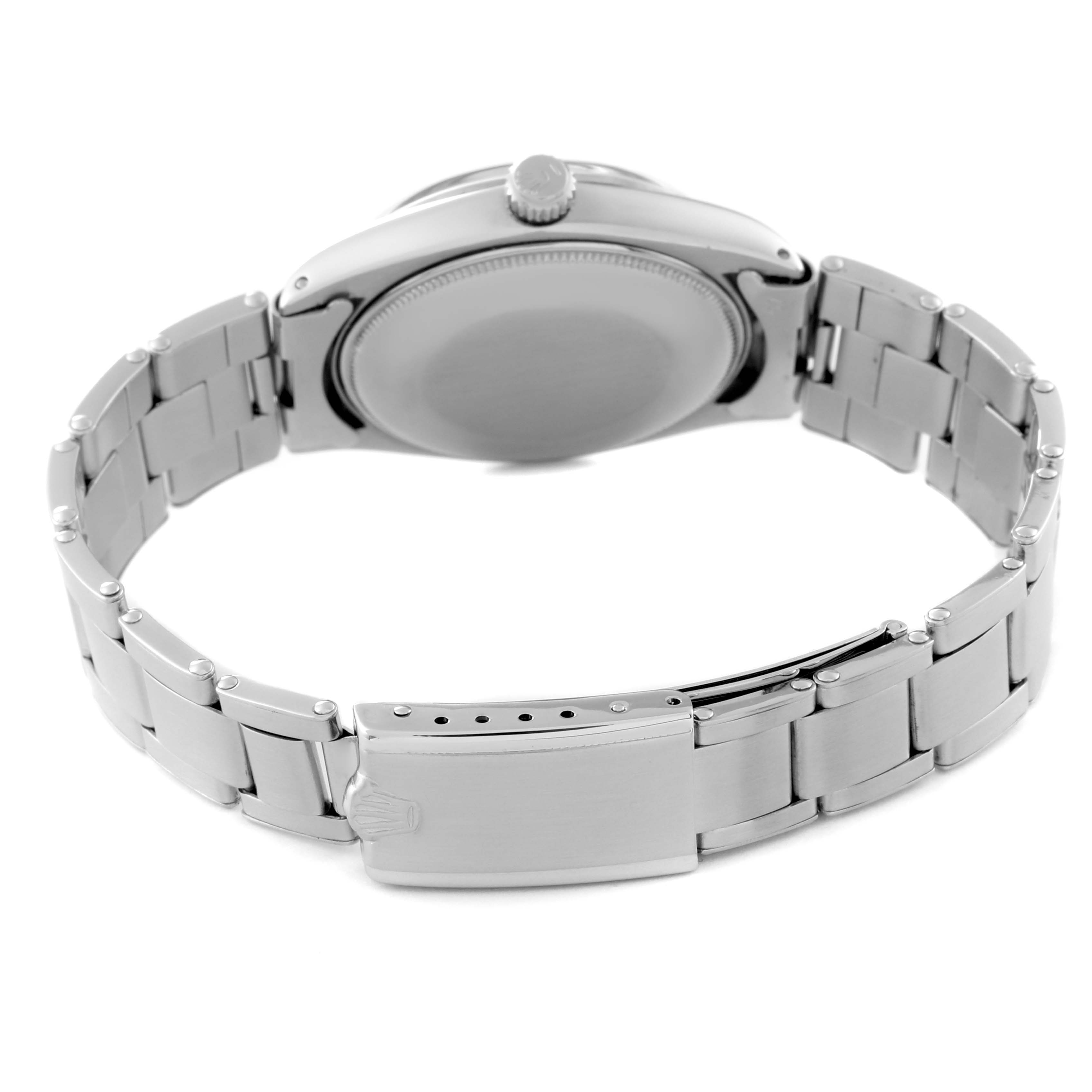 The image shows the back view of the Rolex Vintage Collection 5500 Men
s Stainless Steel Black Dial 5500 Men
s Stainless Steel Black Dial watch, highlighting its clasp, bracelet, case back, and crown.