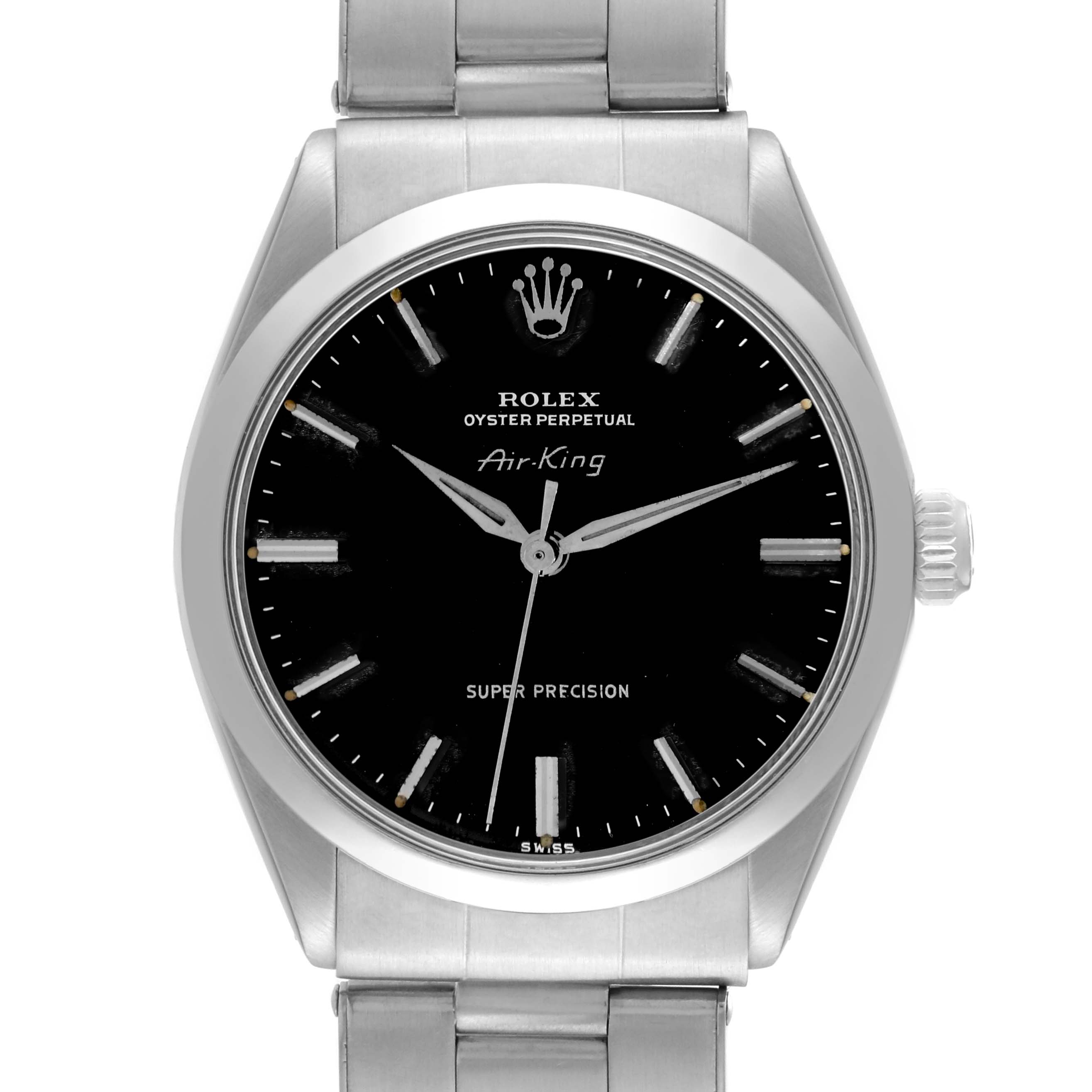 The image shows a front view of the Rolex Vintage Collection 5500 Men
s Stainless Steel Black Dial 5500 Men
s Stainless Steel Black Dial Air-King watch, highlighting its black dial, markers, and silver bracelet.