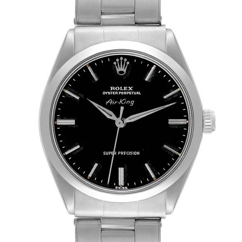 The Rolex Vintage Collection model is shown from the front, highlighting the dial, hands, crown, and bracelet.