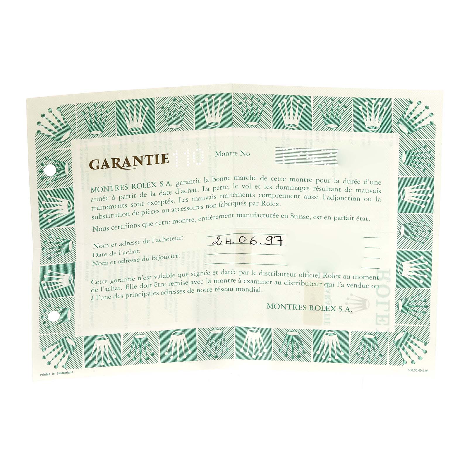 The image shows the warranty card for the Rolex Air-King 14000 Men's Stainless Steel White Dial 14000 Men's Stainless Steel White Dial watch, featuring brand details and purchase information.