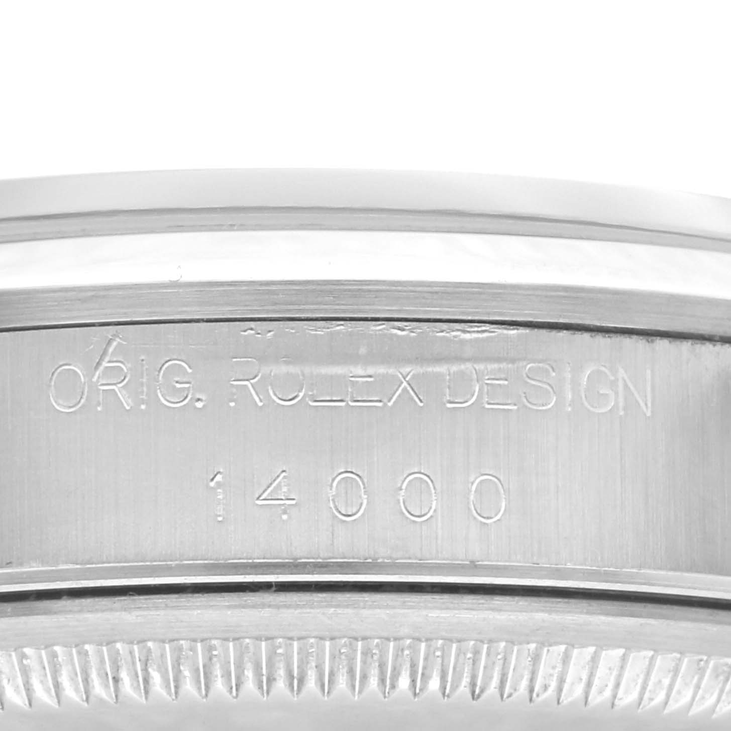 The image shows a close-up angle of the model number and engraving on the bezel of a Rolex Air-King 14000 Men's Stainless Steel White Dial 14000 Men's Stainless Steel White Dial watch.
