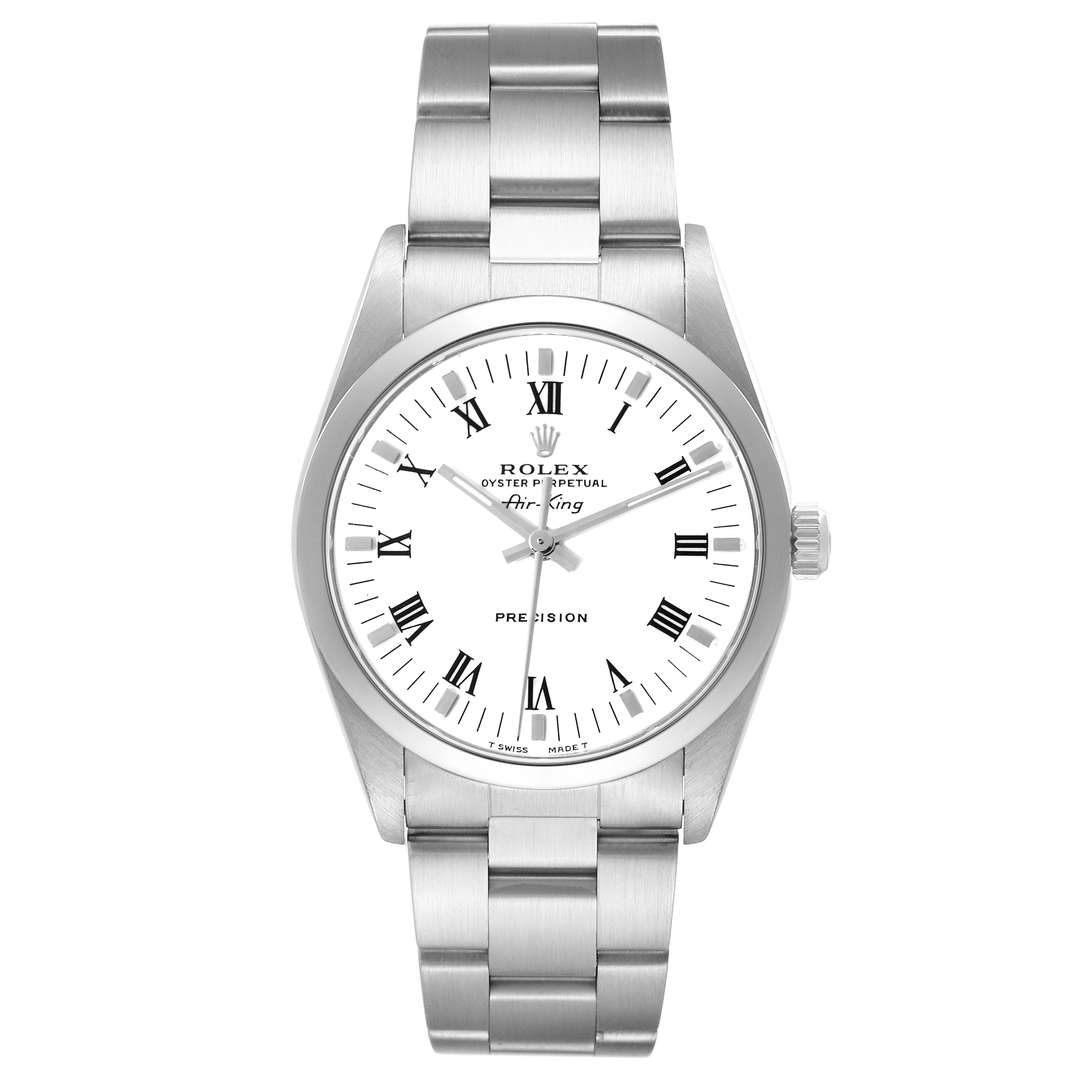 The Rolex Air-King 14000 Men's Stainless Steel White Dial 14000 Men's Stainless Steel White Dial watch is shown from a top-down angle, displaying the face, bezel, and bracelet.