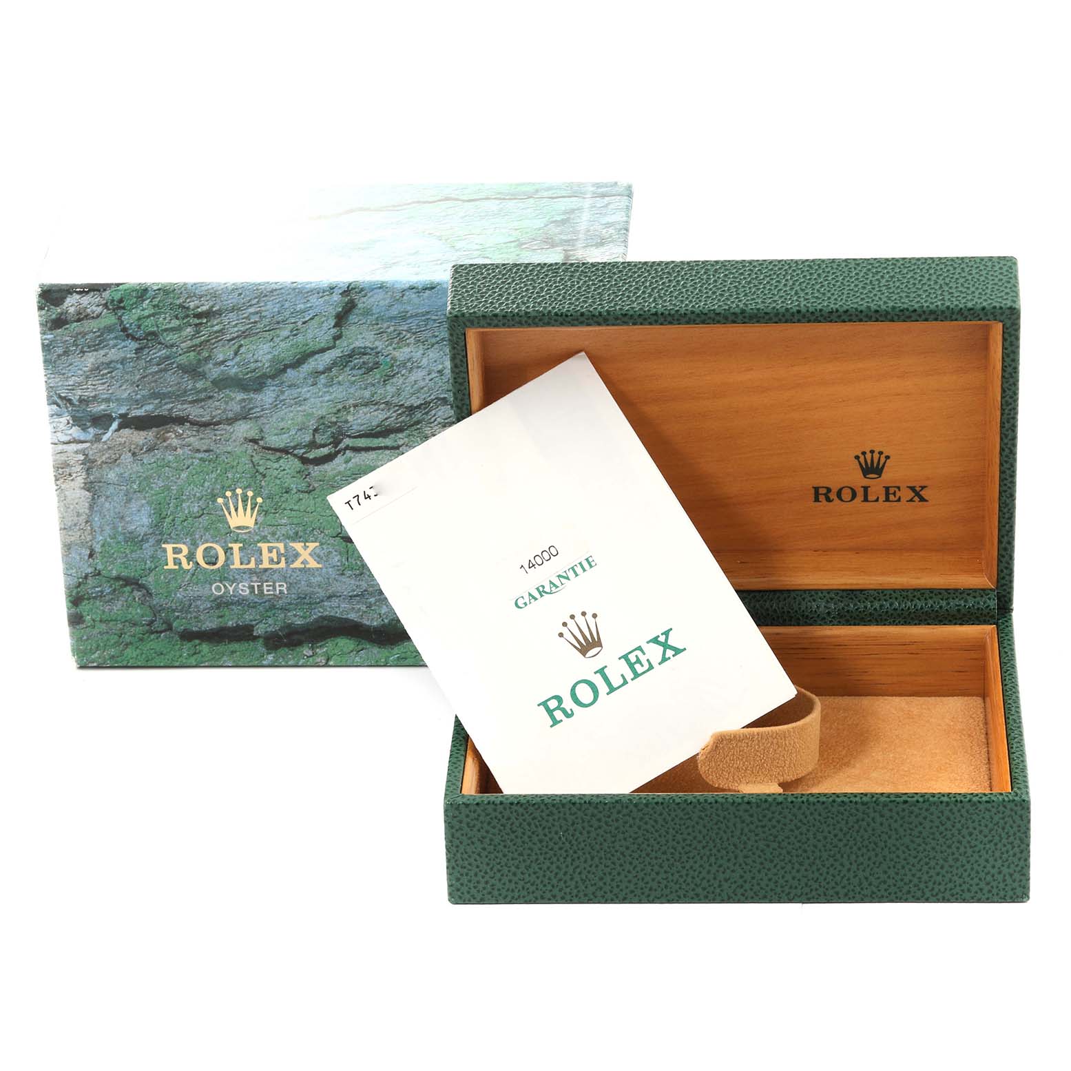 The image shows the open box and packaging for the Rolex Air-King 14000 Men's Stainless Steel White Dial 14000 Men's Stainless Steel White Dial, including a garantie booklet inside.