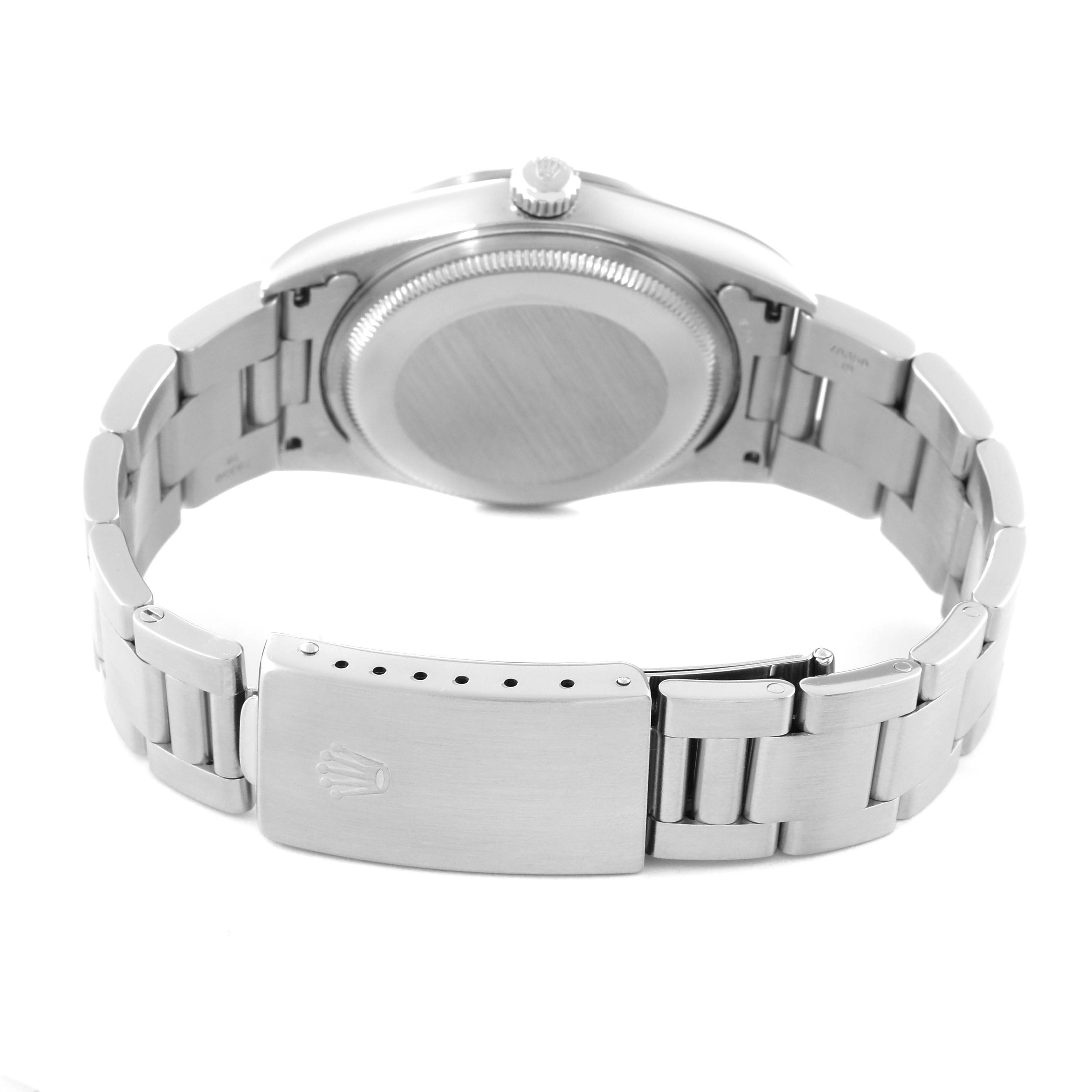 The image shows the back view of the Rolex Air-King 14000 Men's Stainless Steel White Dial 14000 Men's Stainless Steel White Dial watch, displaying its case back, crown, and clasp.