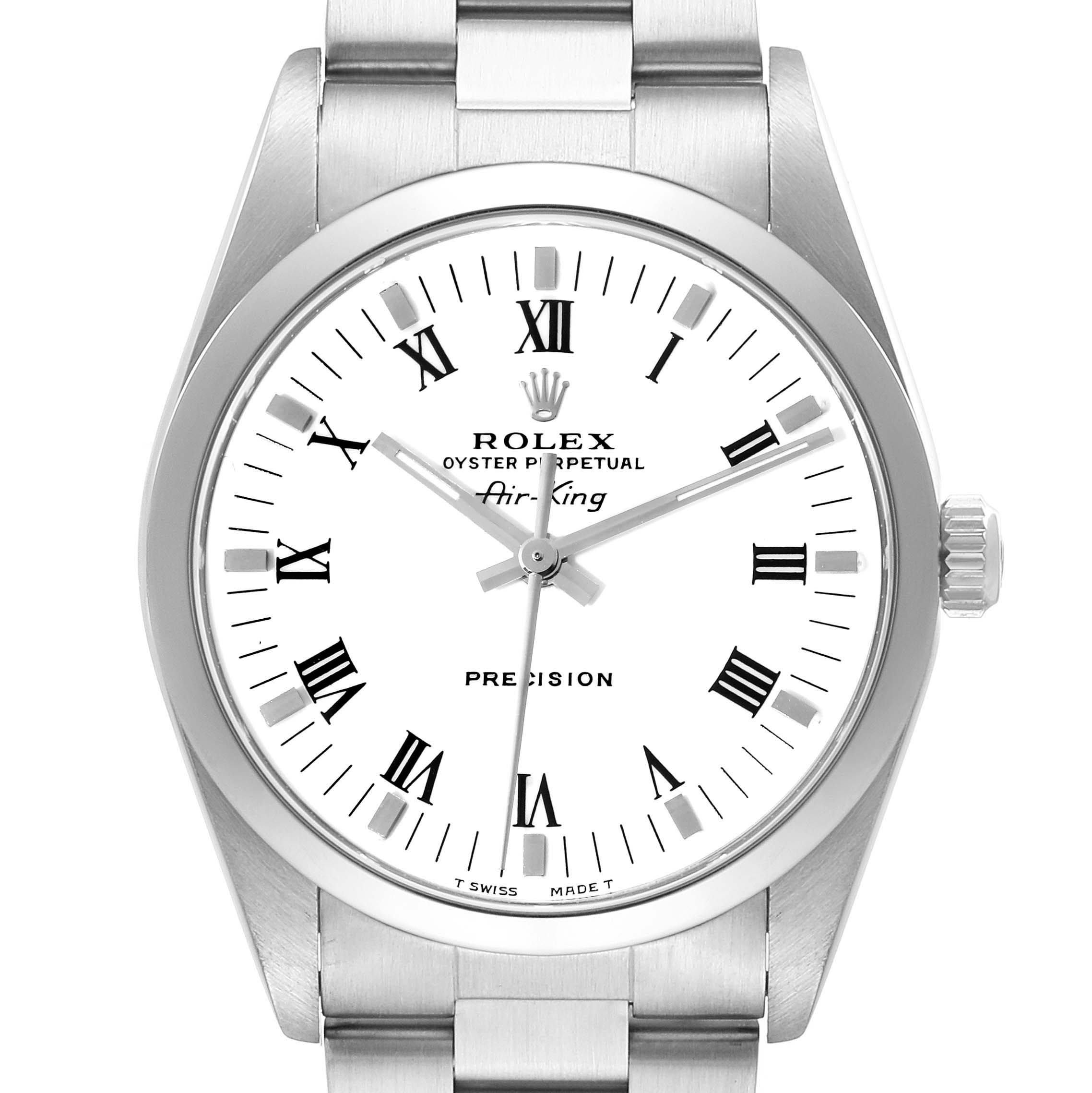 The Rolex Air-King 14000 Men's Stainless Steel White Dial 14000 Men's Stainless Steel White Dial watch is shown from a straight-on angle, displaying the dial, hands, markers, bezel, and part of the bracelet.