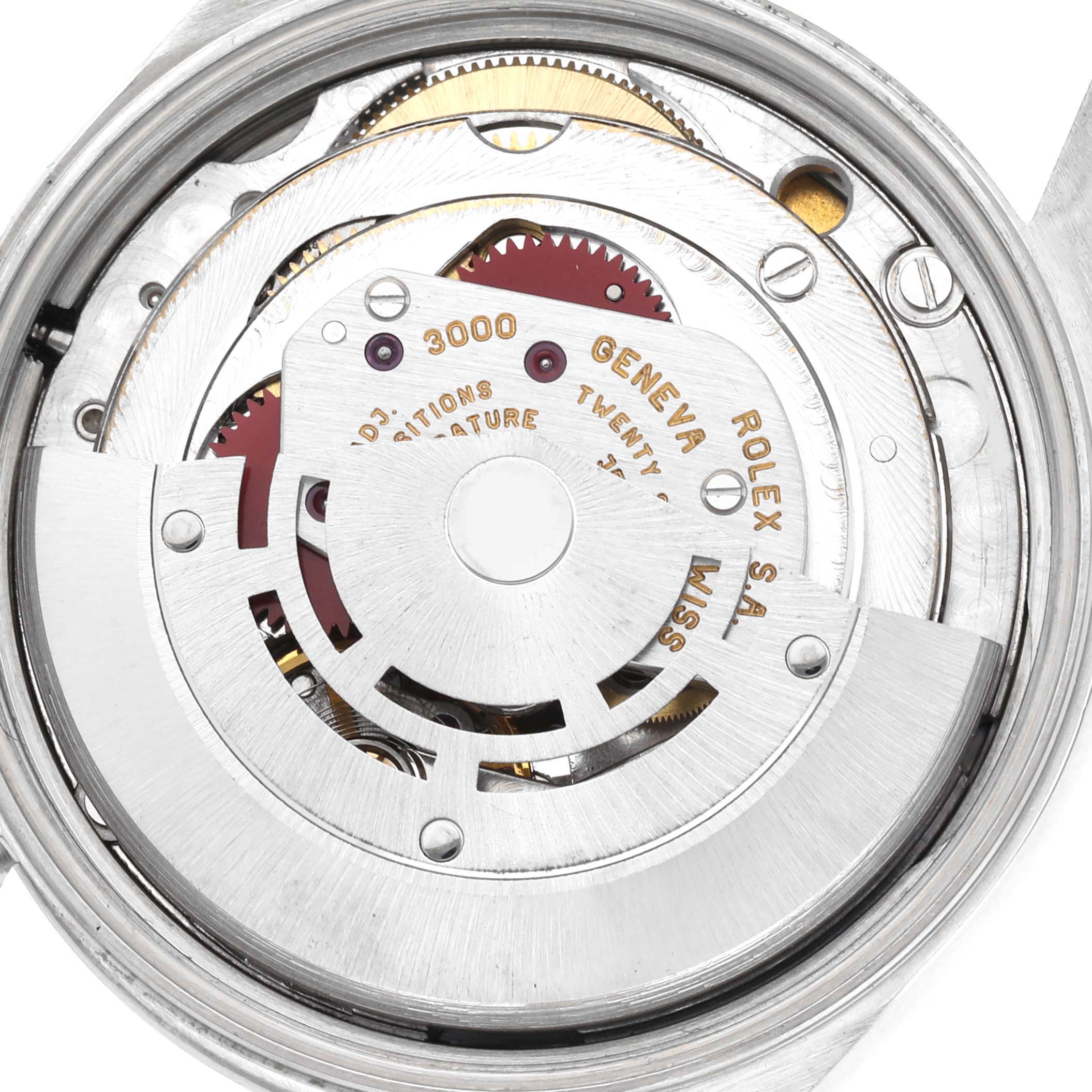 This image shows a close-up view of the internal mechanism of a Rolex Air-King 14000 Men's Stainless Steel White Dial 14000 Men's Stainless Steel White Dial watch, highlighting its intricate gears and parts.