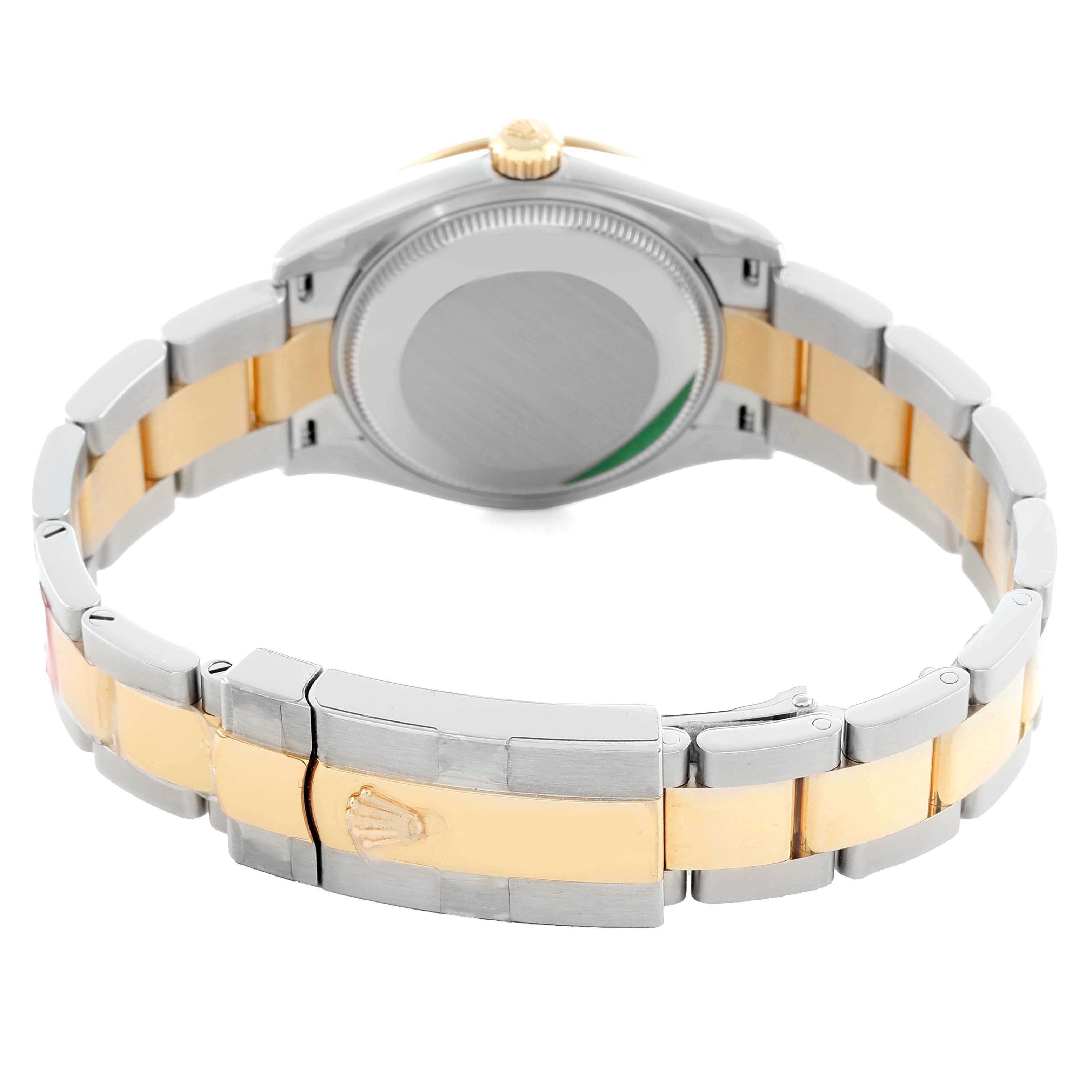 The image shows the back of the Rolex Datejust 278383RBR Women's Steel and Gold (two tone) Silver Dial, highlighting the clasp and bracelet with two-tone metal.