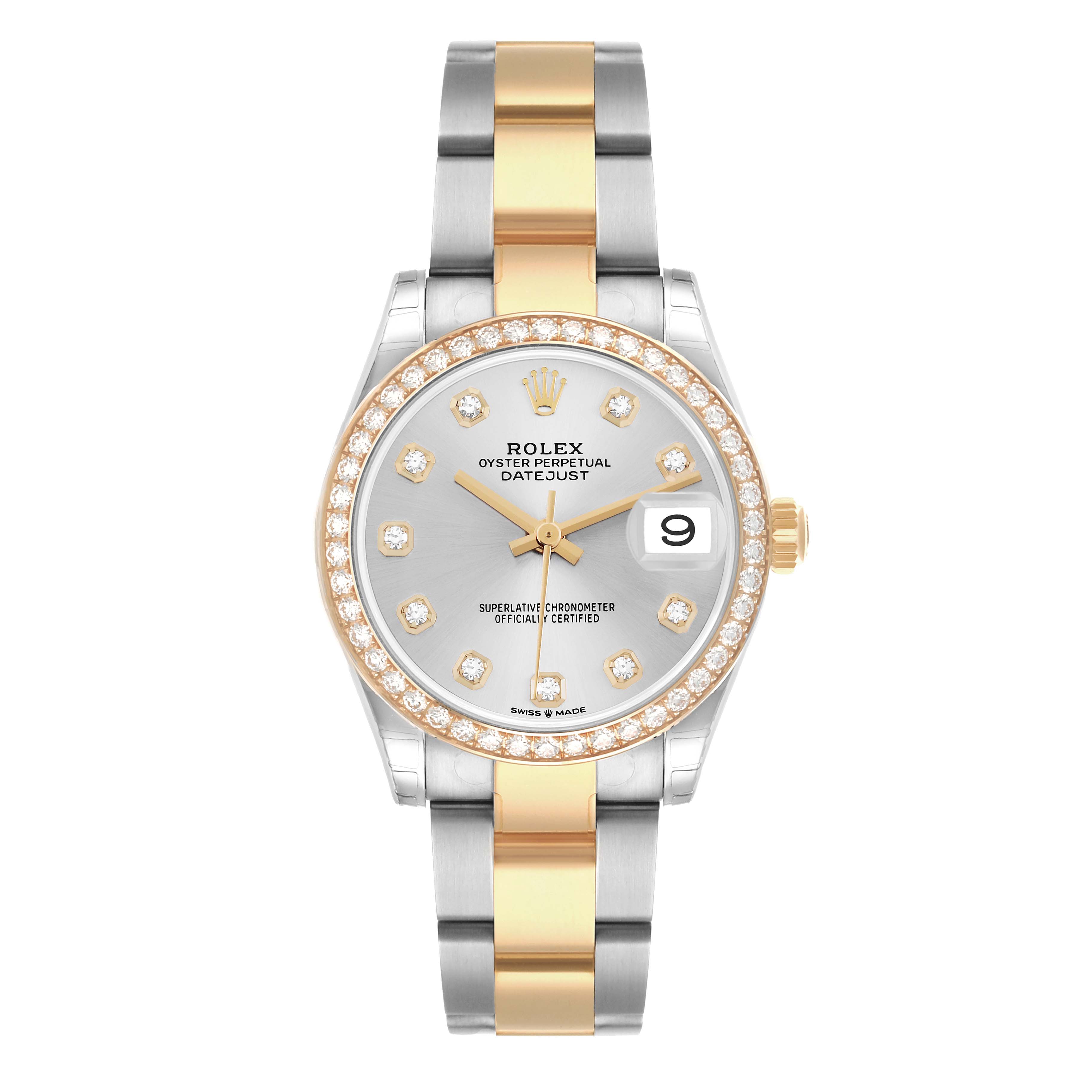 The Rolex Datejust 278383RBR Women's Steel and Gold (two tone) Silver Dial watch is shown from a top-down angle, displaying the face, bezel, and part of the bracelet.