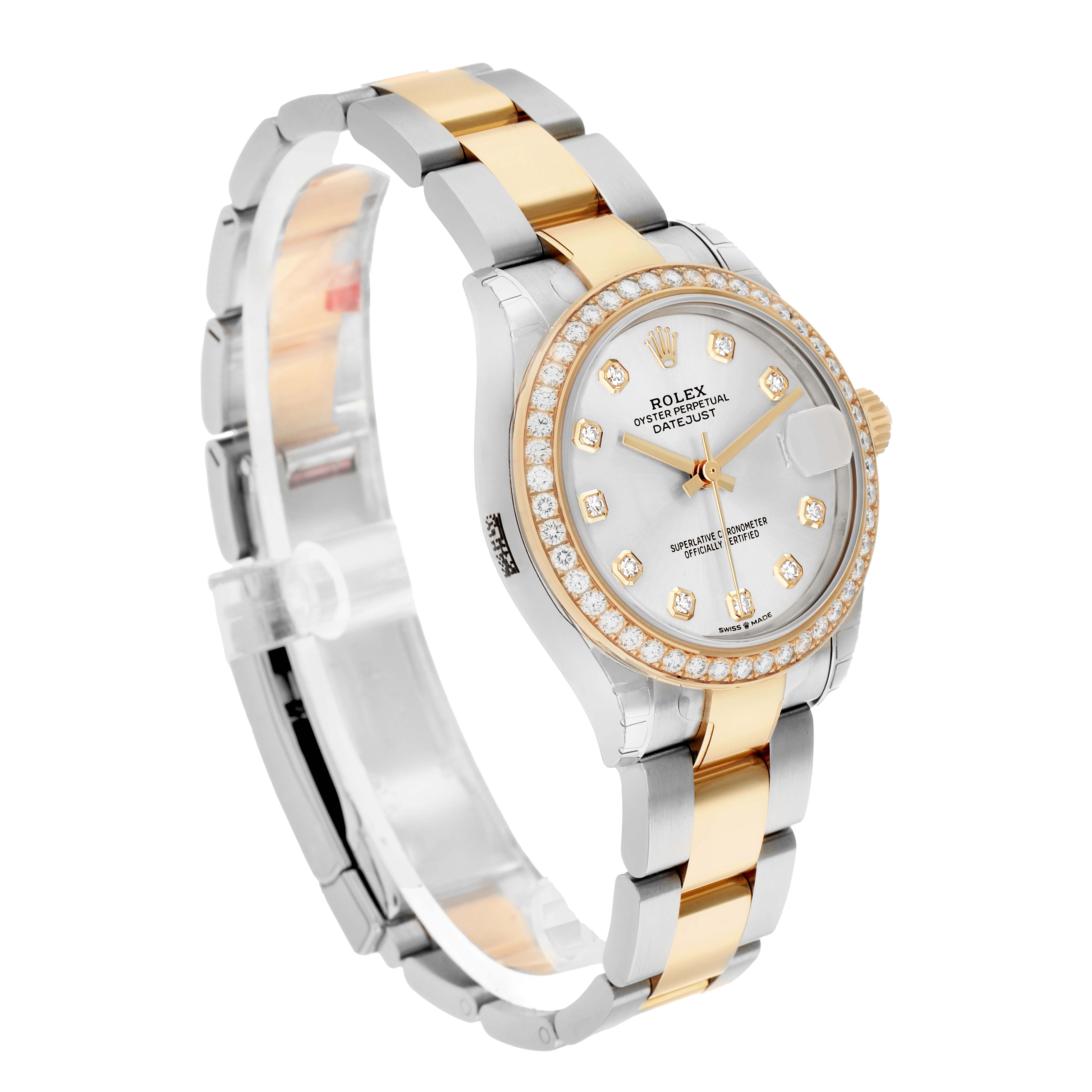 The Rolex Datejust 278383RBR Women's Steel and Gold (two tone) Silver Dial watch is shown at an angled side view, featuring the face, bracelet, and diamond-set bezel.