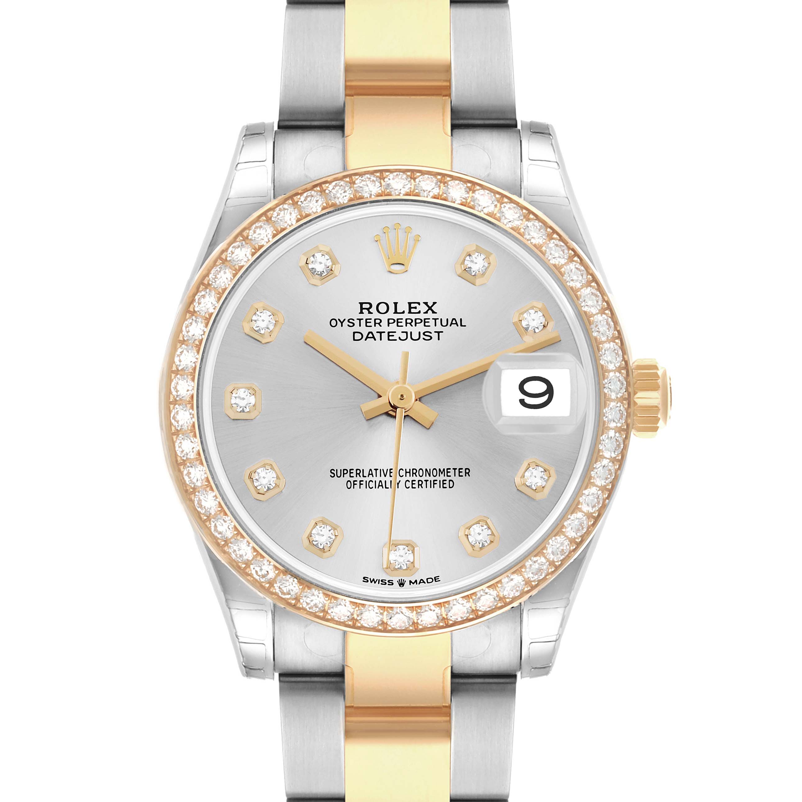 The image shows a Rolex Datejust 278383RBR Women's Steel and Gold (two tone) Silver Dial watch from a front angle, highlighting its dial, bezel, and two-tone bracelet.