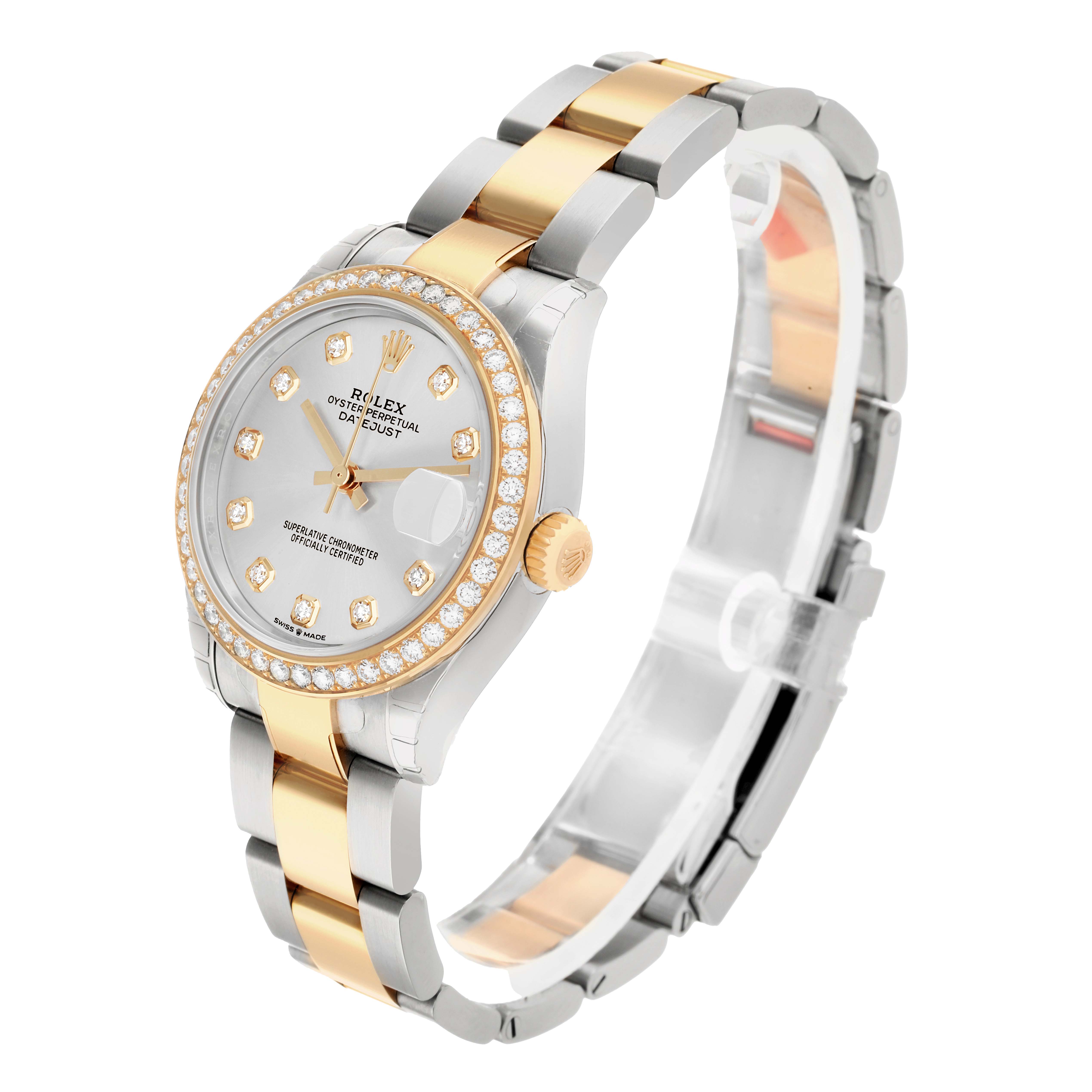 The Rolex Datejust 278383RBR Women's Steel and Gold (two tone) Silver Dial watch is shown at a three-quarter angle, highlighting the face, bezel, bracelet, and crown.