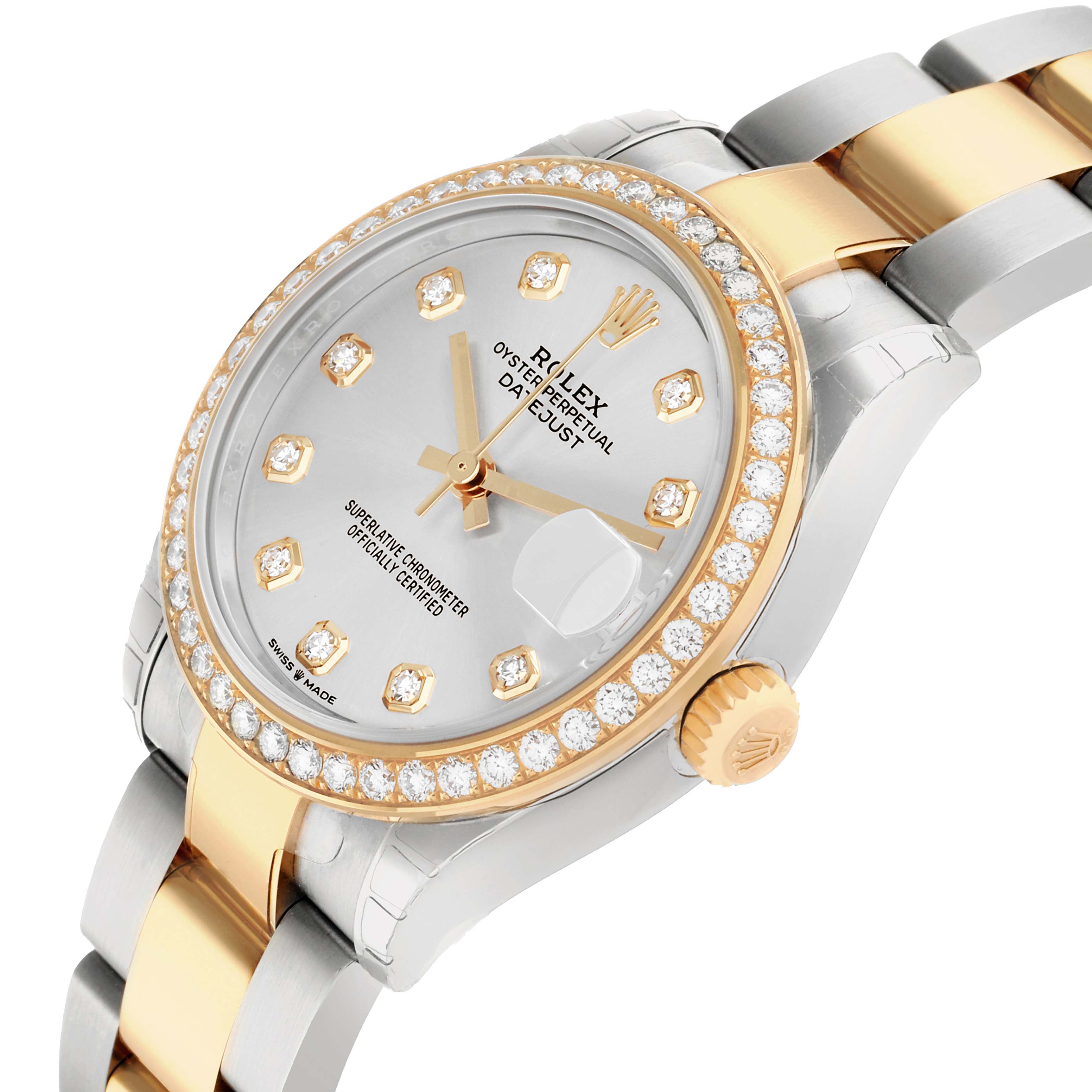 The Rolex Datejust 278383RBR Women's Steel and Gold (two tone) Silver Dial watch is shown at an angled side view, highlighting the bezel, dial, crown, and bracelet.