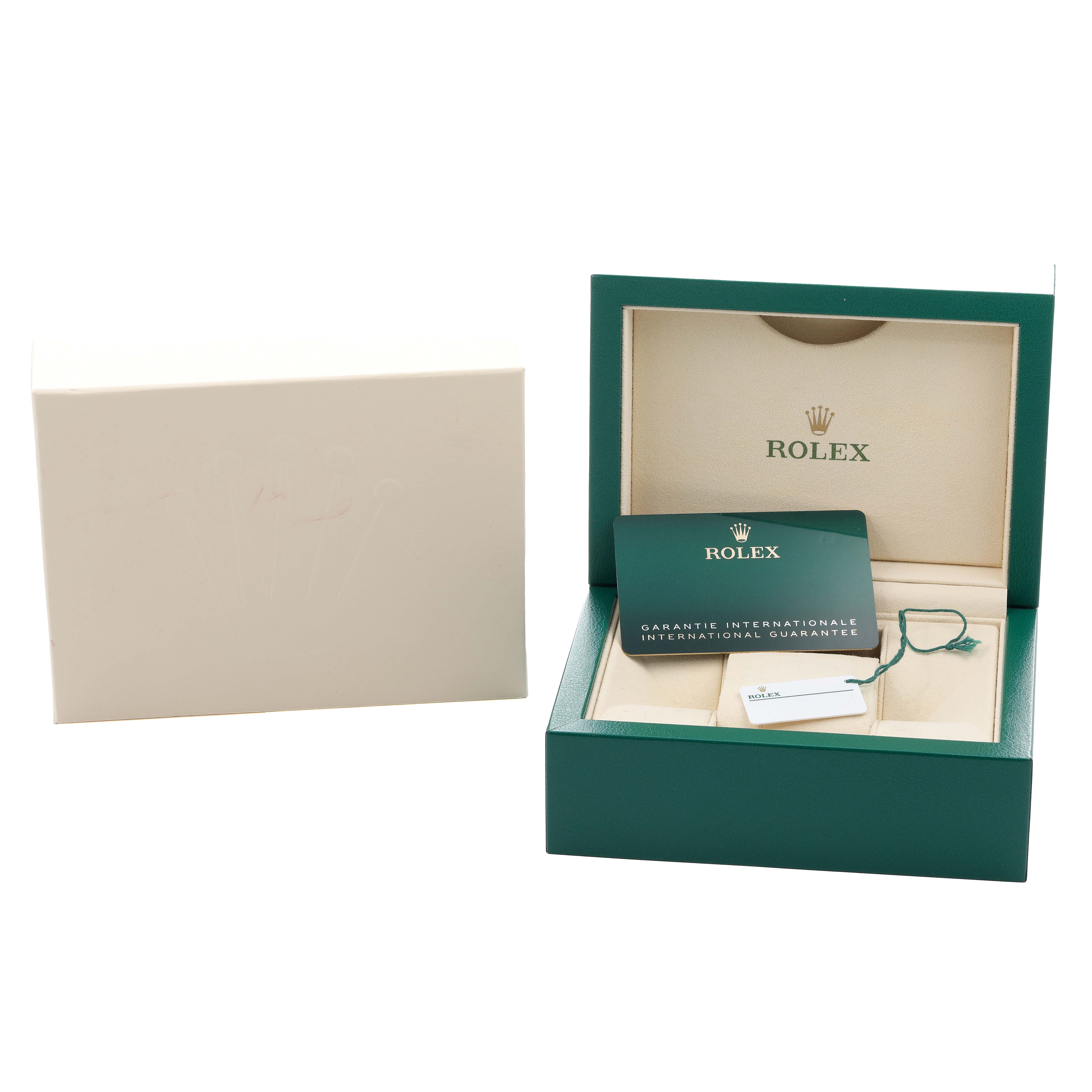 The image shows a Rolex Datejust 278383RBR Women's Steel and Gold (two tone) Silver Dial box with accessories like the warranty card and tag, viewed from a front angle.