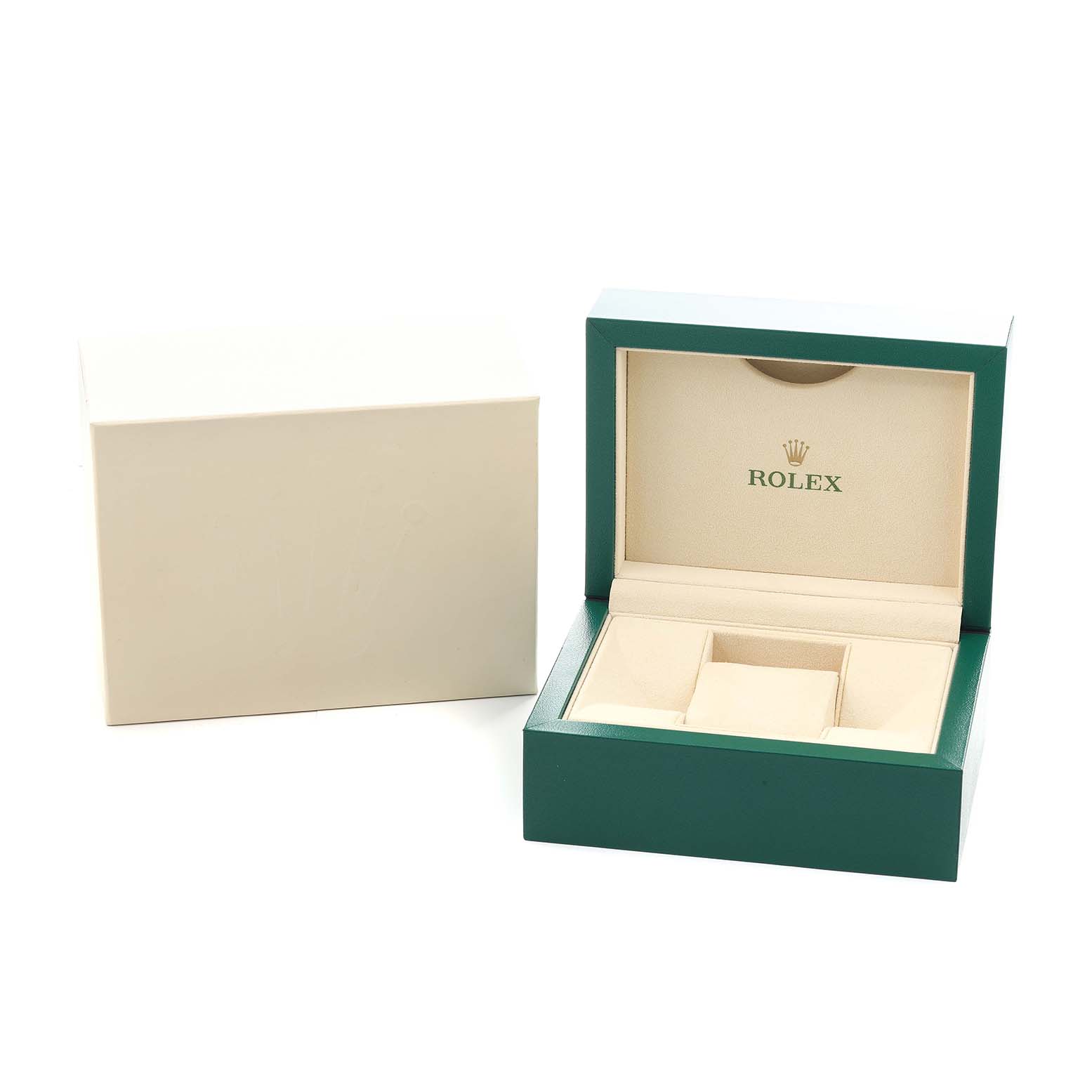 The image shows a green Rolex Datejust 126231 Men's Steel and Gold (two tone) White Dial watch box open, displaying its cushioned interior and accompanying outer box.
