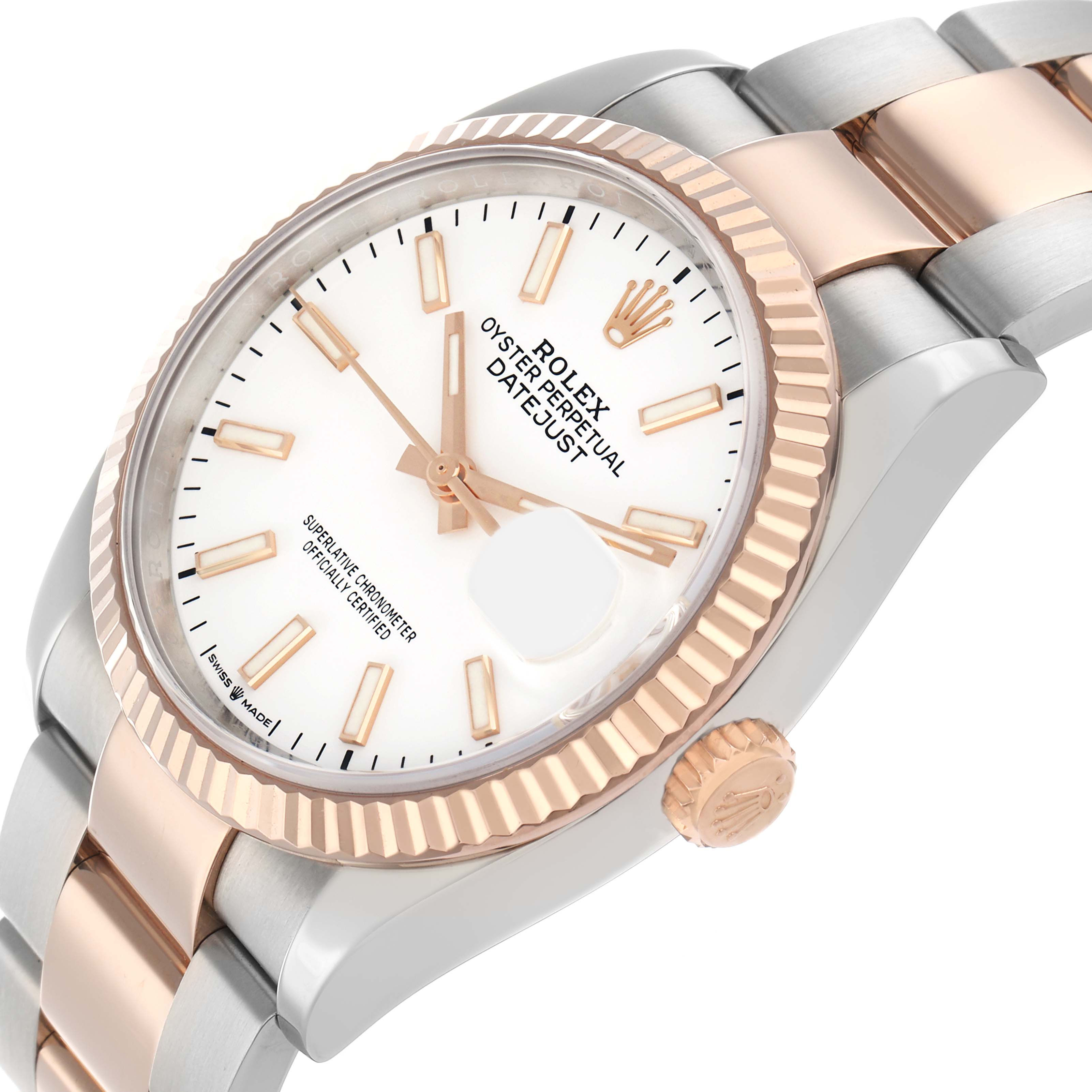 The Rolex Datejust 126231 Men's Steel and Gold (two tone) White Dial watch is shown at a slight angle, displaying the face, fluted bezel, and part of the bracelet.