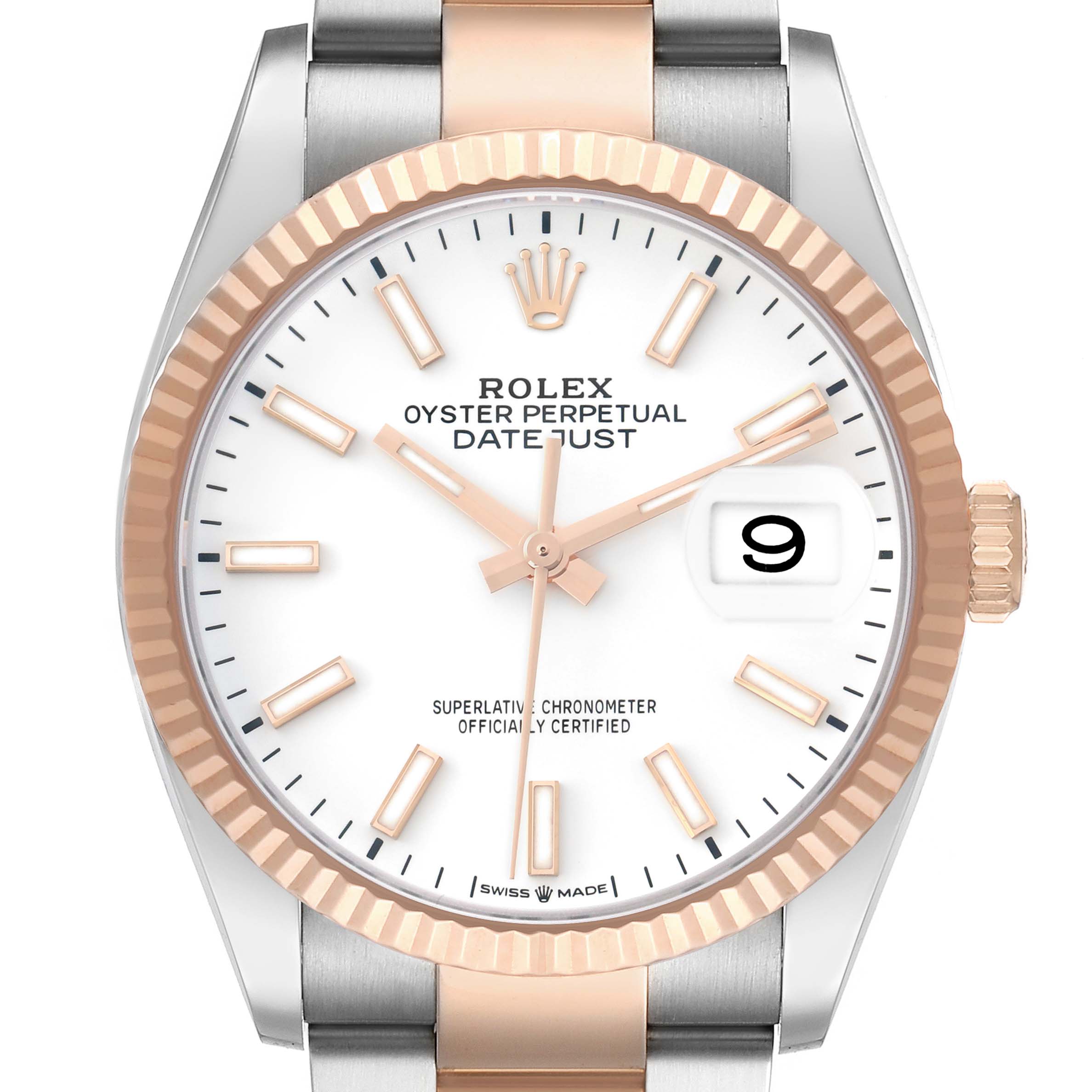 The Rolex Datejust 126231 Men's Steel and Gold (two tone) White Dial watch is shown from a front angle, highlighting the face, bezel, and part of the bracelet.